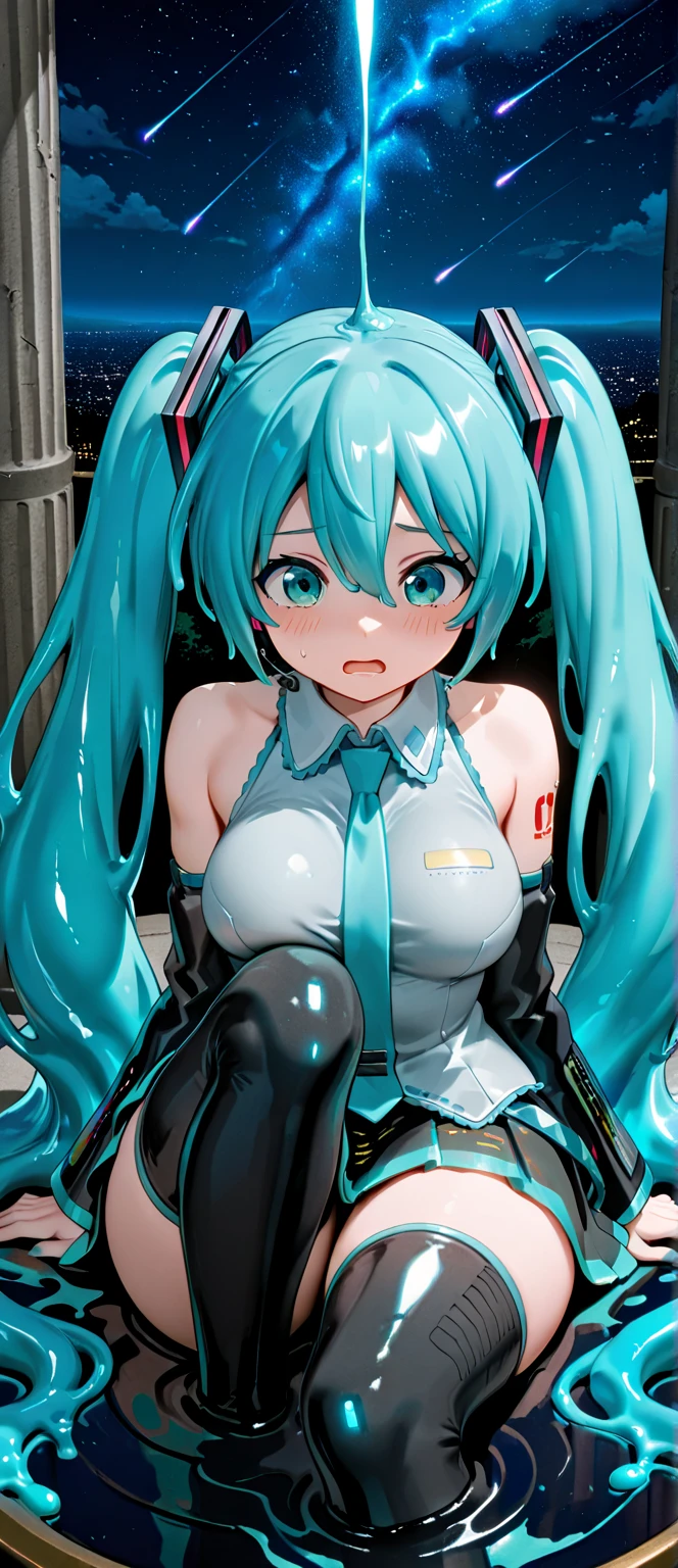 hatsunemiku, miku hatsune, ahoge, aqua eyes, aqua hair, crossed bangs, hair between eyes, hair ornament, headphones, long hair, twintails,
BREAK aqua necktie, black footwear, black skirt, black sleeves, boots, collared shirt, detached sleeves, grey shirt, necktie, pleated skirt, shirt, skirt, sleeveless, sleeveless shirt, thigh boots, tie clip,
BREAK looking at viewer,
BREAK outdoors, city,
BREAK (masterpiece:1.2), best quality, high resolution, unity 8k wallpaper, (illustration:0.8), (beautiful detailed eyes:1.6), extremely detailed face, perfect lighting, extremely detailed CG, (perfect hands, perfect anatomy), Big Breasts, heart shaped eyes, Used big condom hold in mouth, Spread legs wide, Large quantity semen overflowing from the vagina, ((Open your pussy with the fingers of both hands)), NSFW, no mosaic, (((Girl trembling with sexual climax))), Large breasts, Erect nipples, Pubic tattoo, Shion(Reincarnated as a slime),