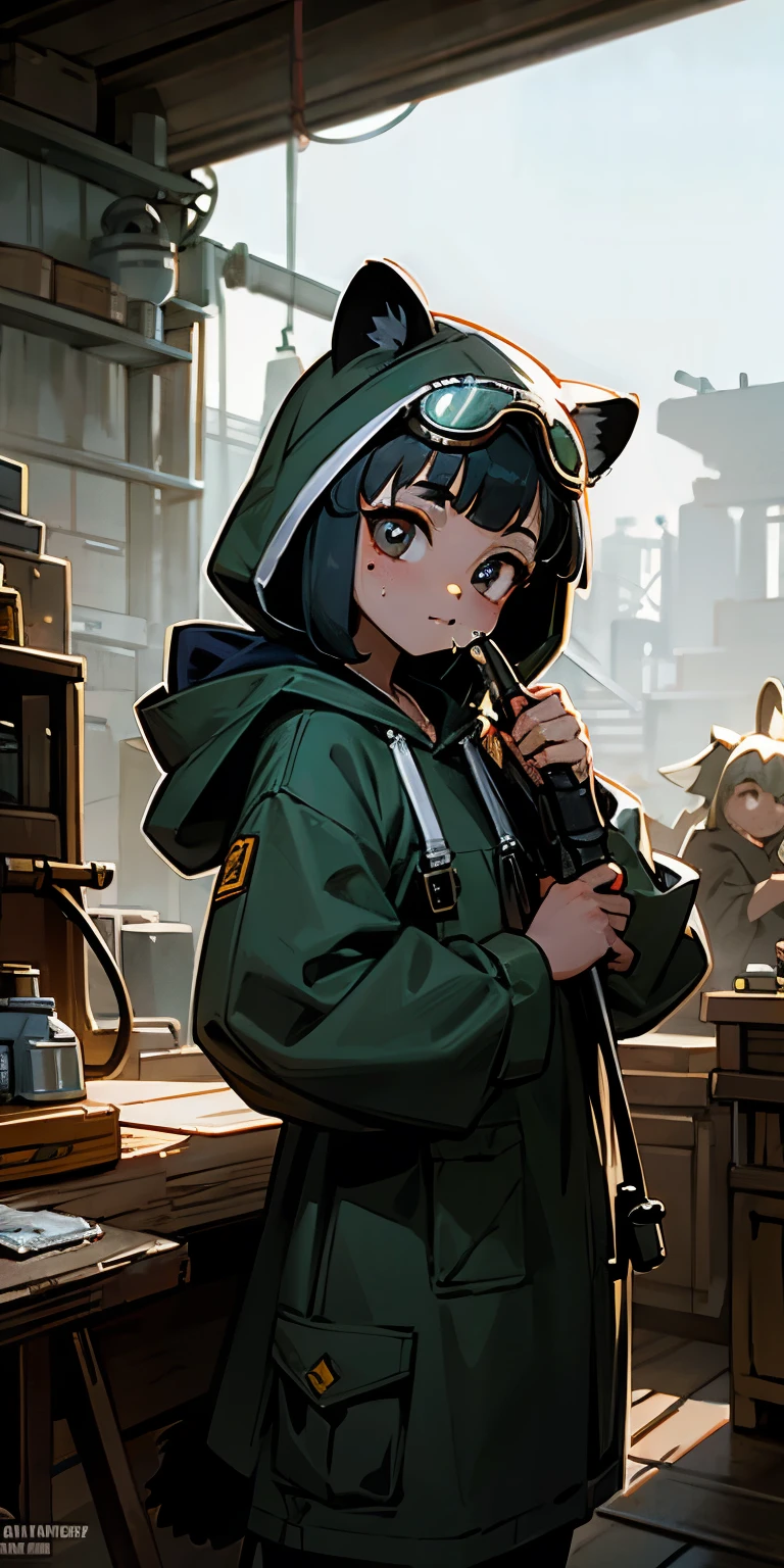 dirty female elf mechanic, 1girl, (solo:1.5), full body shot, busty boobs, wearing only an overall, black hair, yellow eyes , muscular arms, glasses, hair in a messy bun
