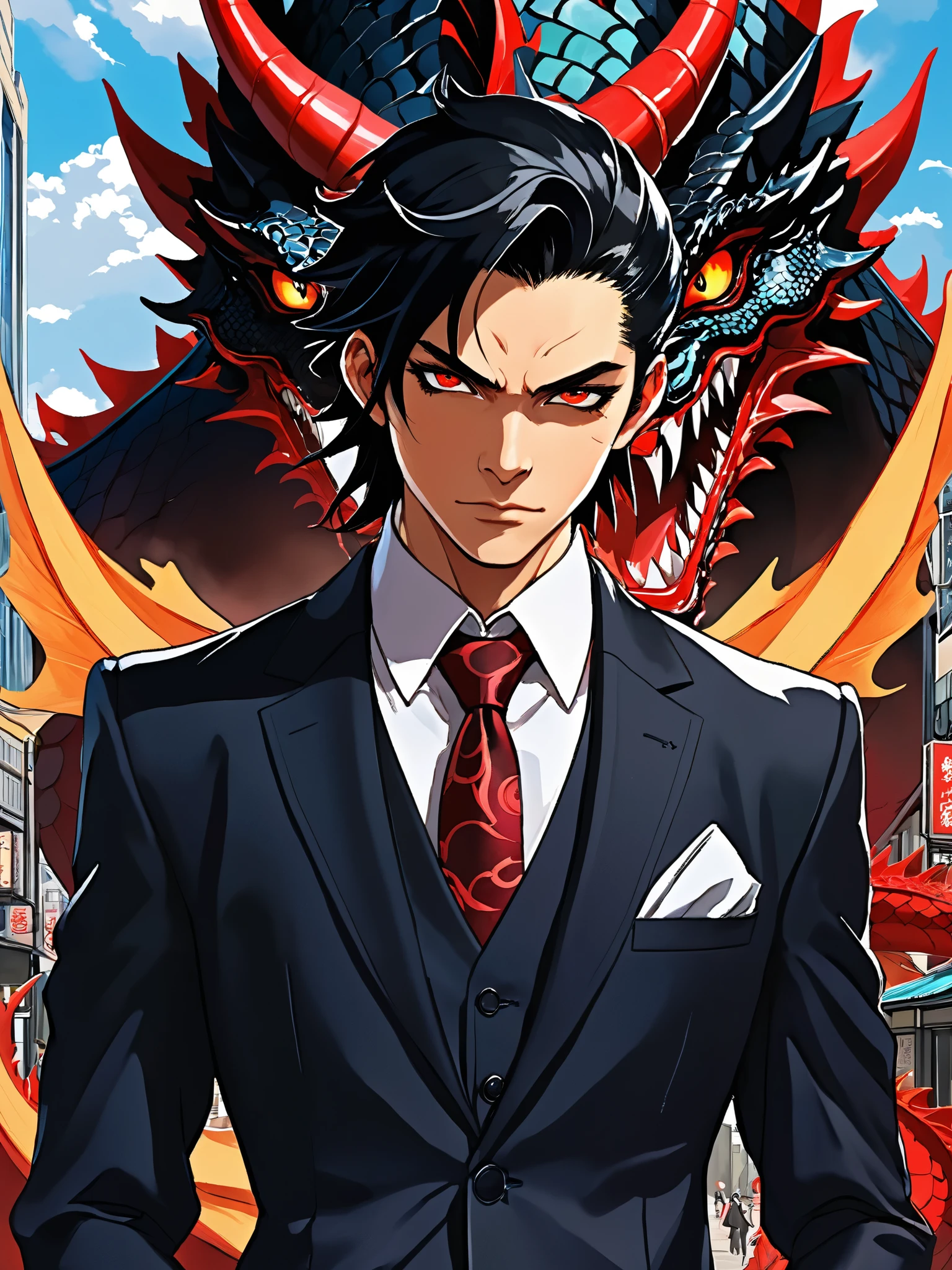A spectacular and classy portrait inspired by an anime man in a suit and tie 、Dragon in the background, Dragon-themed suit, Jan J,   Demon Slayer Art's human-dragon fusion ,  Charming Japanese Devil Boy ,   handsome man appearing in Demon Slayer Art ,   of a woman in a suit standing in front of a city ,  trending at art stations , Oliver Shin, A spectacular and elegant portrait inspired by Crimson Attire ,  black and red suit ,  older woman wearing  {x} Highly detailed elaborate fan art of an older woman wearing a , Handsome male vampire