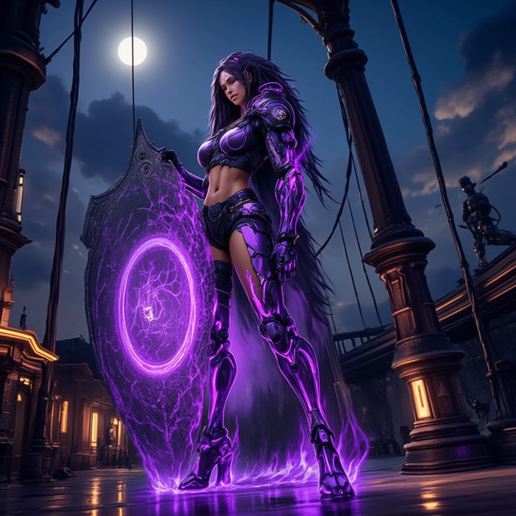 - Main Character, Adult Female "Kongo", Beautiful, Tall, long legs, dreadlocks.
- Wearing a costume ("Full Sexy Armor").
Chest and Thigh Armor slightly open.
Futuristic Costume Design.
- Sexy and Athletic Body.
Perfect curves, big breasts, flat and slim stomach, wide hips, big buttocks.
- High heels are very detailed, hand guards are very detailed, Knee and elbow armor. Shoulder Armor.
Magic circle full of magic pattern images glowing.
The whole body is covered in Cosmic Energy.
- Costume is dominated by Anchor color with a combination of Purple.
- Pose: Standing Upright holding a large shield full of carvings, Next to the Bridge Pillar.
Big Bridge, Burnt Damaged Vehicle, big river, quiet and silent.
Night, Moonlight, humid, Mystical fog.
"FANTASY"