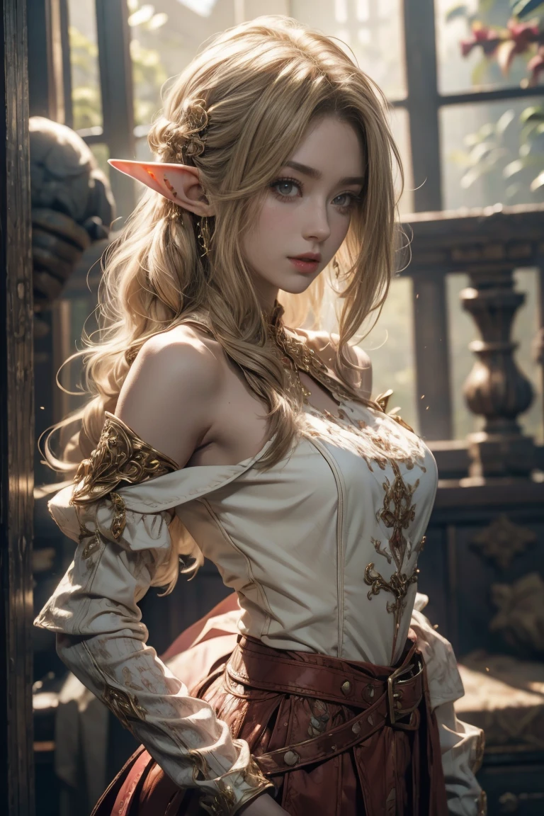 (best quality,4k,8k,highres,masterpiece:1.2),ultra-detailed,(realistic,photorealistic,photo-realistic:1.37),sexy elf mage,blonde,beautiful detailed eyes,beautiful detailed lips,extremely detailed eyes and face,sexy face long eyelashes,pointy ears,curves and contours,revealing outfit,magical aura,alluring pose,enchanted forest background,fantasy theme,soft color palette,natural lighting,