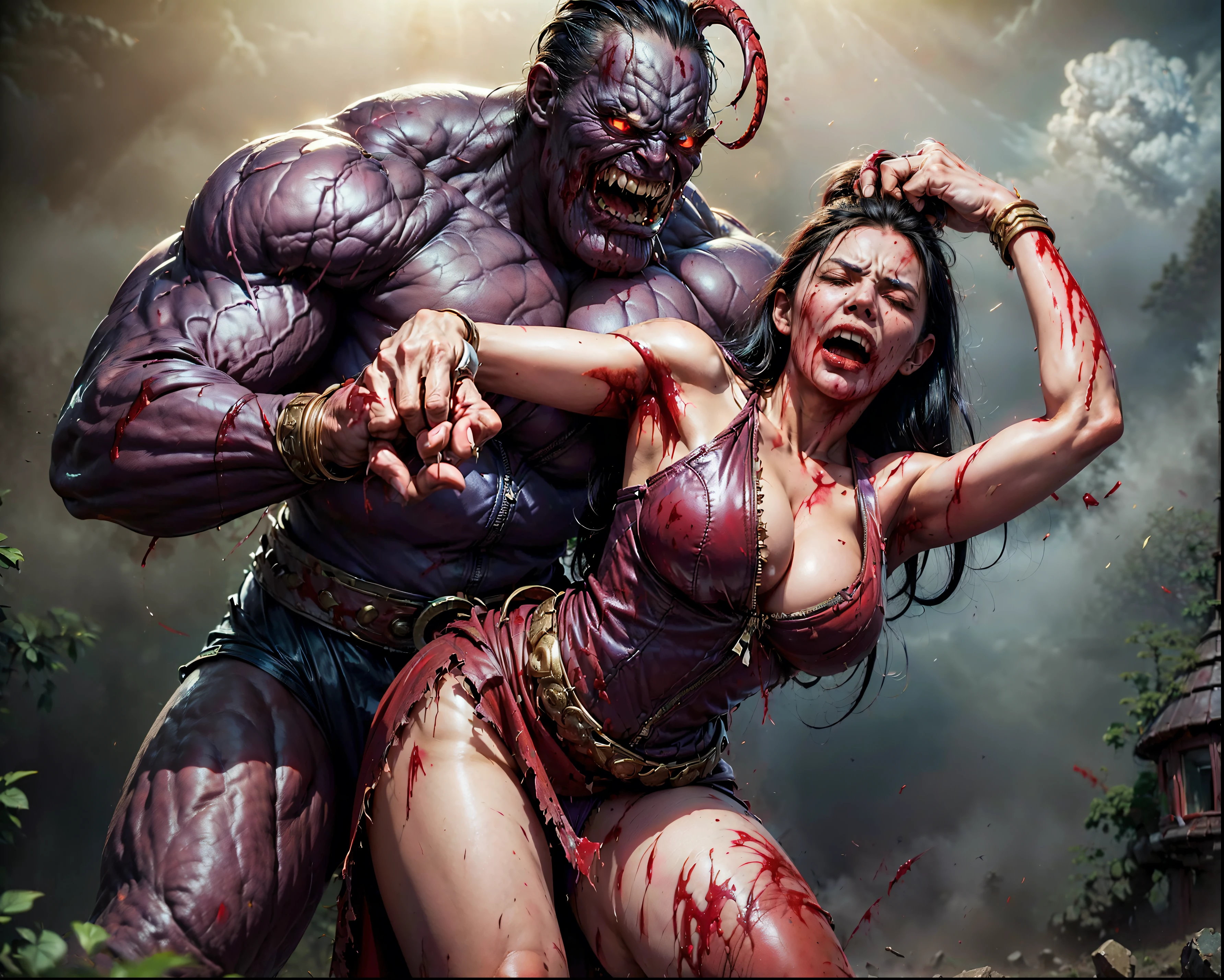 (The 8k quality, Ultra-high-resolution quality, Ultra high definition, Photorealistic, Best Quality):3.0,
(masterpiece):2.0,
(camera angle from the front view):7.0,
(in the ruined pirate ship):6.0,
(no NSFW, depiction of escape from 1 huge THANOS, hetero):5.0,
(brutal battle of beautifully shaped 1 huge THANOS and 1 Nico Robin):10.0,
(1 muscular THANOS is grabbing Nico Robin's head violently from her side, grab head):12.0,
(v1ct0ry, hold by head, head grab, legs off ground, legs dangling, arms dangling, full body view, CarnageStyle, (blood_red:1.5)):5.0,
(1 Nico Robin grabbed head from side by 1 huge THANOS):8.0,
(beautifully shaped Nico Robin, 1girl, Nico Robin, sunglass, wearing a long salmon sarong skirt that has a design of a green seaweed with red and yellow flowers on the side, zipped short-sleeved navy blue leather vest with a V-neck line, a little smaller breasts):7.5,
(1 bloody bewitching Nico Robin with large number of scars, extremely screaming face with pain, bloody face, closed eyes, medium build, medium height, broken armor):6.0,