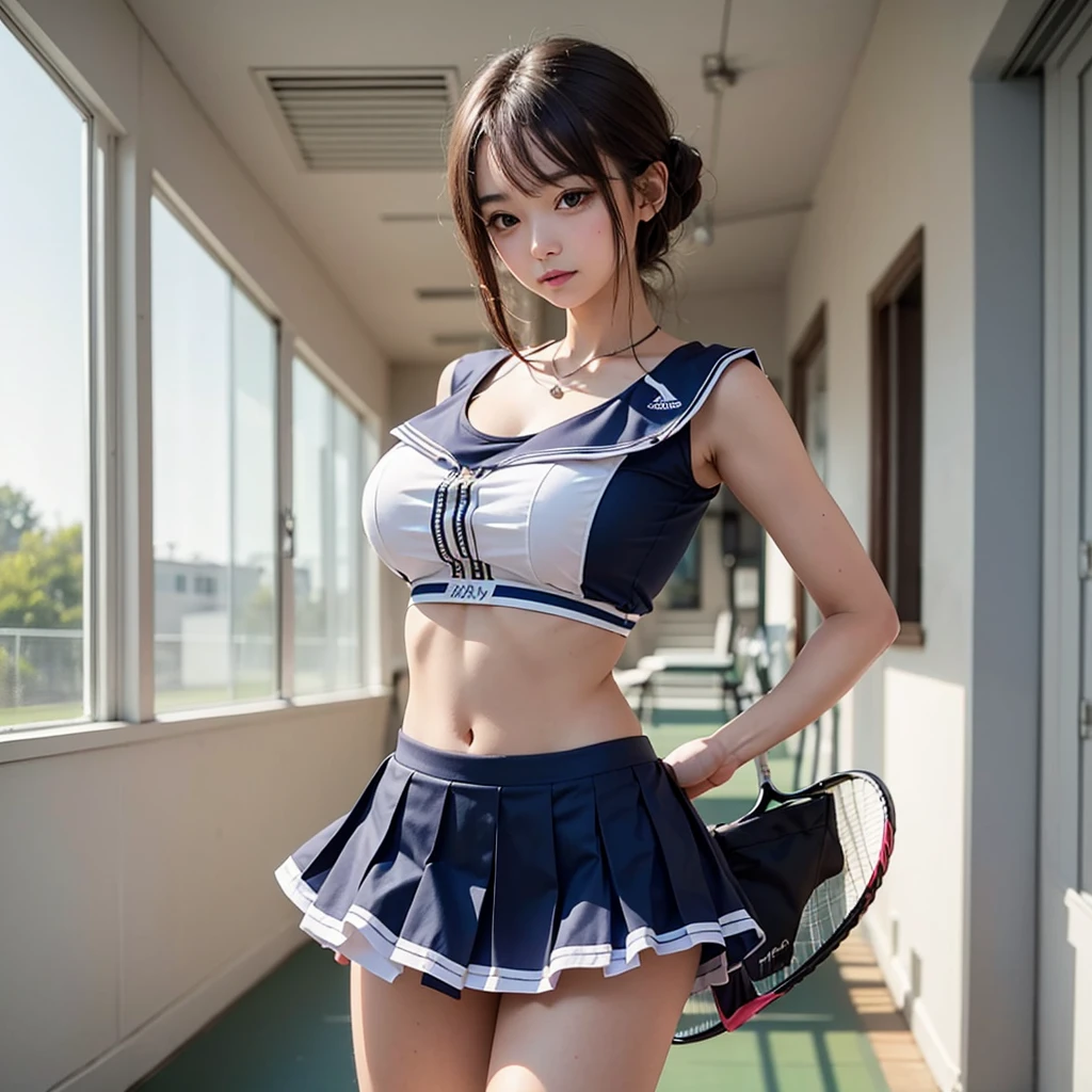 (((Masterpieces, top quality, absurd))),By Shinkai Makoto( 1 woman, I am, long hair, 21 years old, expressive blue eyes, big breasts, large breasts)), cheerleading uniform (((mini sleeveless gym top, pleated skirt, bandaged white string panties, socks))), college football field, other blurred buildings at bottom of image, day, college football field, college football field,smile