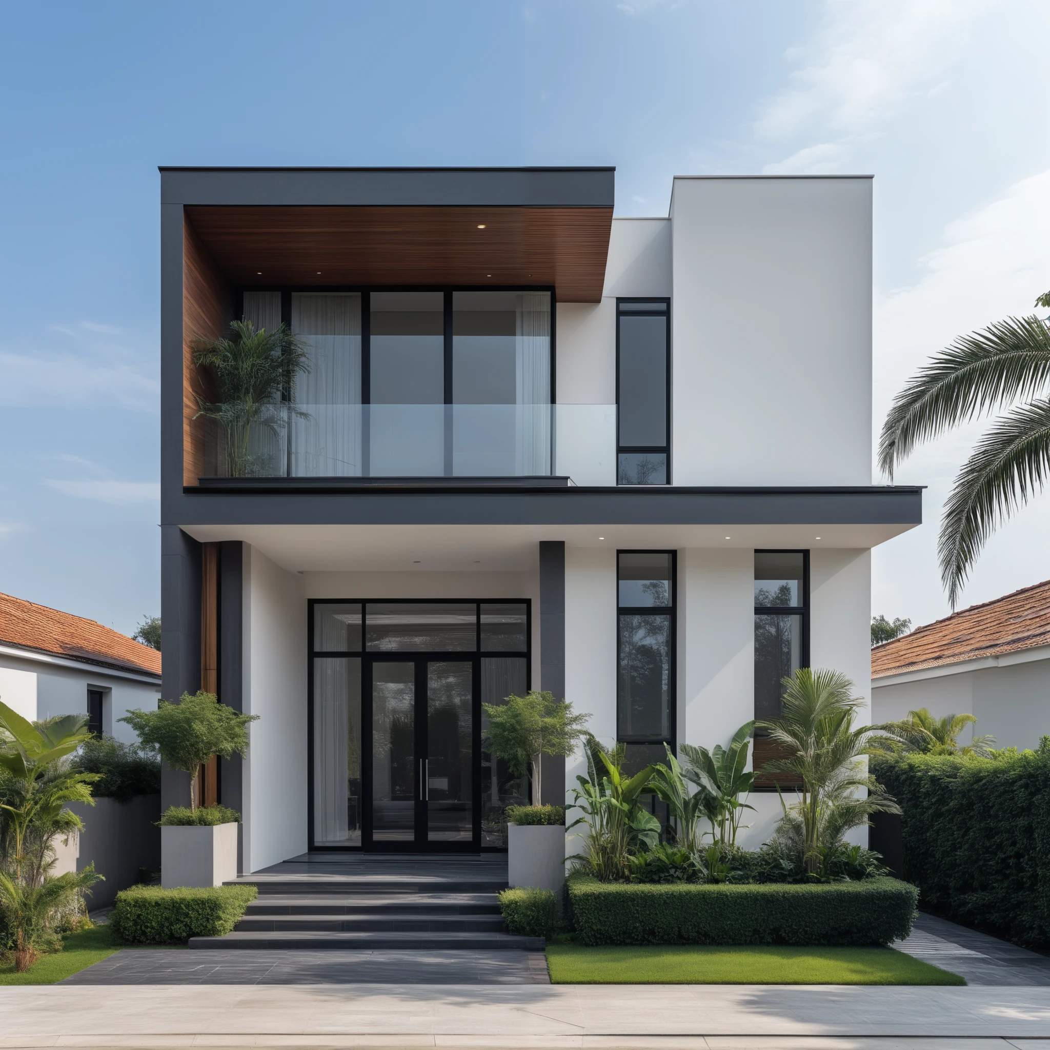 (masterpiece:1.2), best quality, photo of A two-story modern house with white walls and dark tiles on the roof, tree and plant, streetcapes, natural light, The exterior of an elegant single family home features large windows, a dark gray door frame.