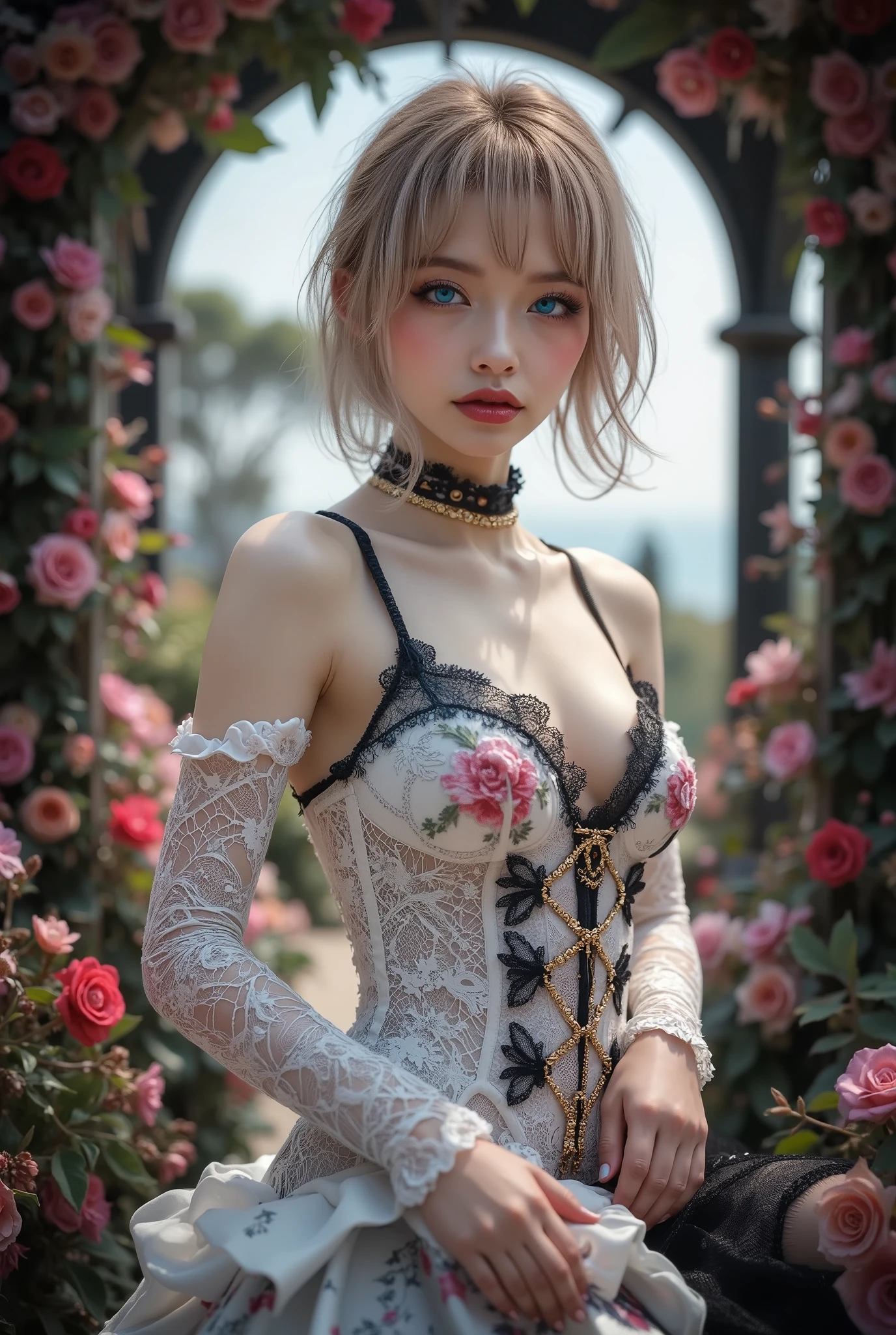 Realistic ((Photorealistic realism)), Hyper high resolution, ((Hyper insanel quality, epice masterciece, intricately detailed digital art)),((focus on extremely Realistic Proportion Body:1.3),"Portrait of {a woman with blue eyes, wearing a dress, standing in a garden}."(ultra realistic texture details: velvety skin, hair), ((sharp focus, no blurry eyes, Hyper absurd quality, Hyper details,Hyper realistic eyes:1.4)),((extra narrow eyebrows)),(Carefully draw Long blue_mascara:1.33),(perfect round eyes), (finely detailed pupils, (extremely fine details pupils)), detailed lips:1.3, (apply glossy red_lipstick:1.3), (perfect proportions:1.2), (White tight Dress made of lace fishnet), (Dolce & Gabbana, Floral style:1.26), (elegant fashion, intricate details:1.23), floral couture, (clothes made of silk and flower), (Wearing tight fitting dresses)), (black latex:1.25), latex bodysuit laced), (Intricately details multi-layer ((Ruffled Black Gothic Punk Skirt:1.2)), lace with fishnets:1.3), (golden lace-up:1.3), dslr, high quality split lighting, sharp focus captured by Fujifilm XT3, f 5.6,(perfect composition),((look at the viewer)), HDR, UHD, studio lighting, physically-based rendering, vivid colors,