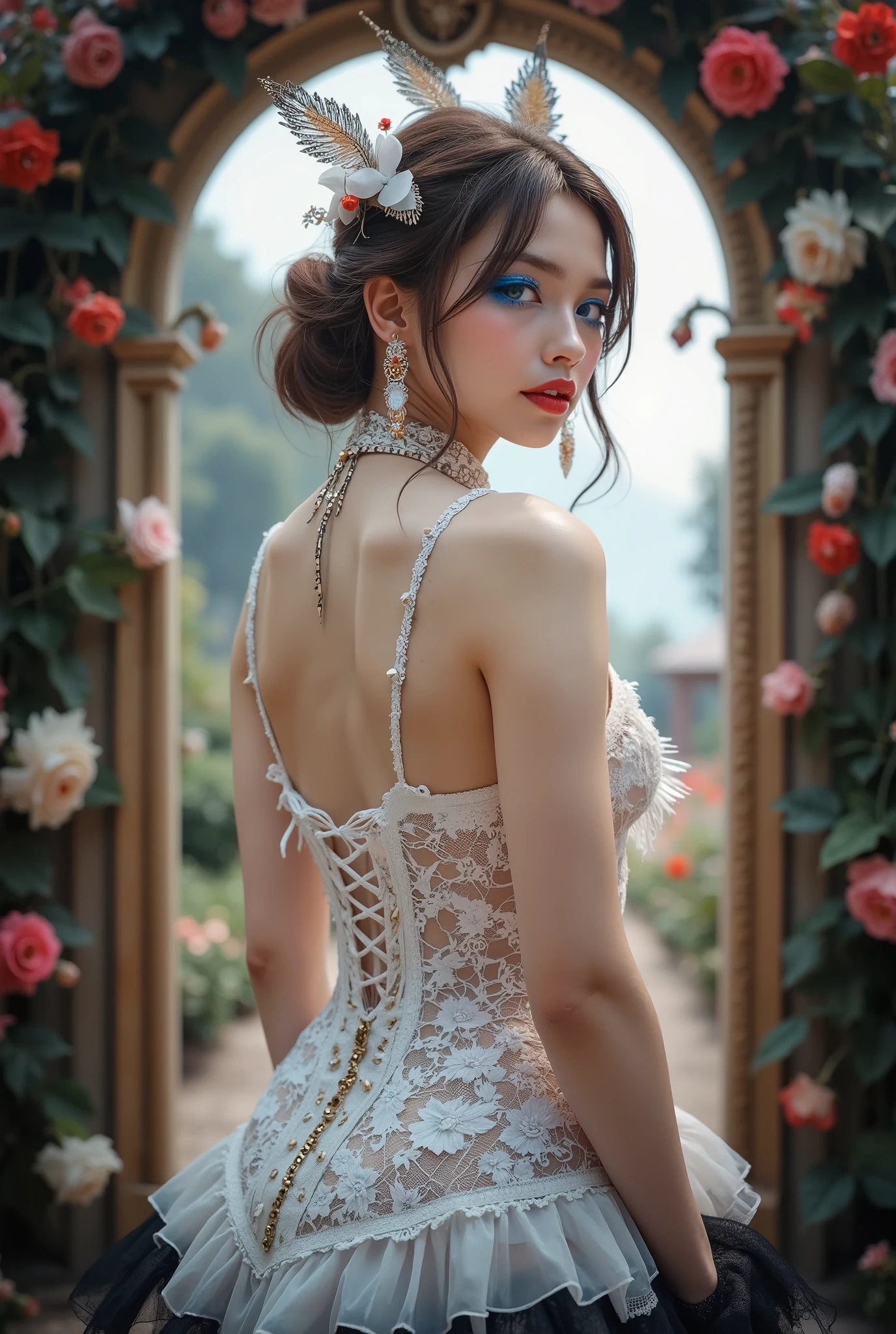Realistic ((Photorealistic realism)), Hyper high resolution, ((Hyper insanel quality, epice masterciece, intricately detailed digital art)),((focus on extremely Realistic Proportion Body:1.3),"Portrait of {a woman with blue eyes, wearing a dress, standing in a garden}."(ultra realistic texture details: velvety skin, hair), ((sharp focus, no blurry eyes, Hyper absurd quality, Hyper details,Hyper realistic eyes:1.4)),((extra narrow eyebrows)),(Carefully draw Long blue_mascara:1.33),(perfect round eyes), (finely detailed pupils, (extremely fine details pupils)), detailed lips:1.3, (apply glossy red_lipstick:1.3), (perfect proportions:1.2), (White tight Dress made of lace fishnet), (Dolce & Gabbana, Floral style:1.26), (elegant fashion, intricate details:1.23), floral couture, (clothes made of silk and flower), (Wearing tight fitting dresses)), (black latex:1.25), latex bodysuit laced), (Intricately details multi-layer ((Ruffled Black Gothic Punk Skirt:1.2)), lace with fishnets:1.3), (golden lace-up:1.3), dslr, high quality split lighting, sharp focus captured by Fujifilm XT3, f 5.6,(perfect composition),((look at the viewer)), HDR, UHD, studio lighting, physically-based rendering, vivid colors,