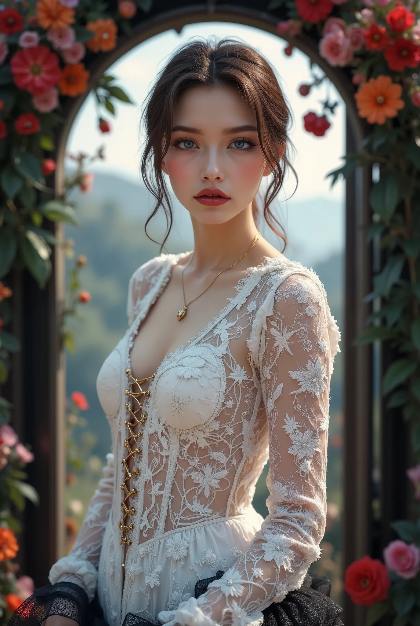 Realistic ((Photorealistic realism)), Hyper high resolution, ((Hyper insanel quality, epice masterciece, intricately detailed digital art)),((focus on extremely Realistic Proportion Body:1.3),"Portrait of {a woman with blue eyes, wearing a dress, standing in a garden}."(ultra realistic texture details: velvety skin, hair), ((sharp focus, no blurry eyes, Hyper absurd quality, Hyper details,Hyper realistic eyes:1.4)),((extra narrow eyebrows)),(Carefully draw Long blue_mascara:1.33),(perfect round eyes), (finely detailed pupils, (extremely fine details pupils)), detailed lips:1.3, (apply glossy red_lipstick:1.3), (perfect proportions:1.2), (White tight Dress made of lace fishnet), (Dolce & Gabbana, Floral style:1.26), (elegant fashion, intricate details:1.23), floral couture, (clothes made of silk and flower), (Wearing tight fitting dresses)), (black latex:1.25), latex bodysuit laced), (Intricately details multi-layer ((Ruffled Black Gothic Punk Skirt:1.2)), lace with fishnets:1.3), (golden lace-up:1.3), dslr, high quality split lighting, sharp focus captured by Fujifilm XT3, f 5.6,(perfect composition),((look at the viewer)), HDR, UHD, studio lighting, physically-based rendering, vivid colors,