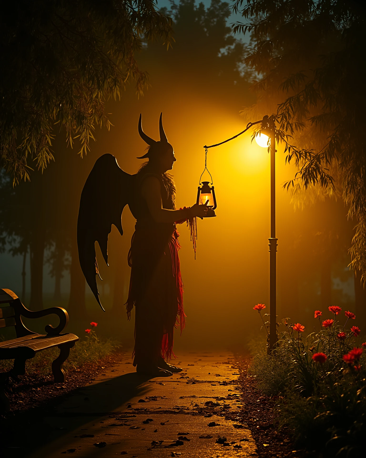 On Indian pole yellow light park, horror Indian Park, A horror devil holding a fire lantern, yellow light side poles, big deep trees around and deep flowers , close to camera, flowers on path , leaves are flowing in air and path, fog lightroom effect, professional photography of seen, dark night ,, side look, sitting bench, strong winds, long leaves and flowers