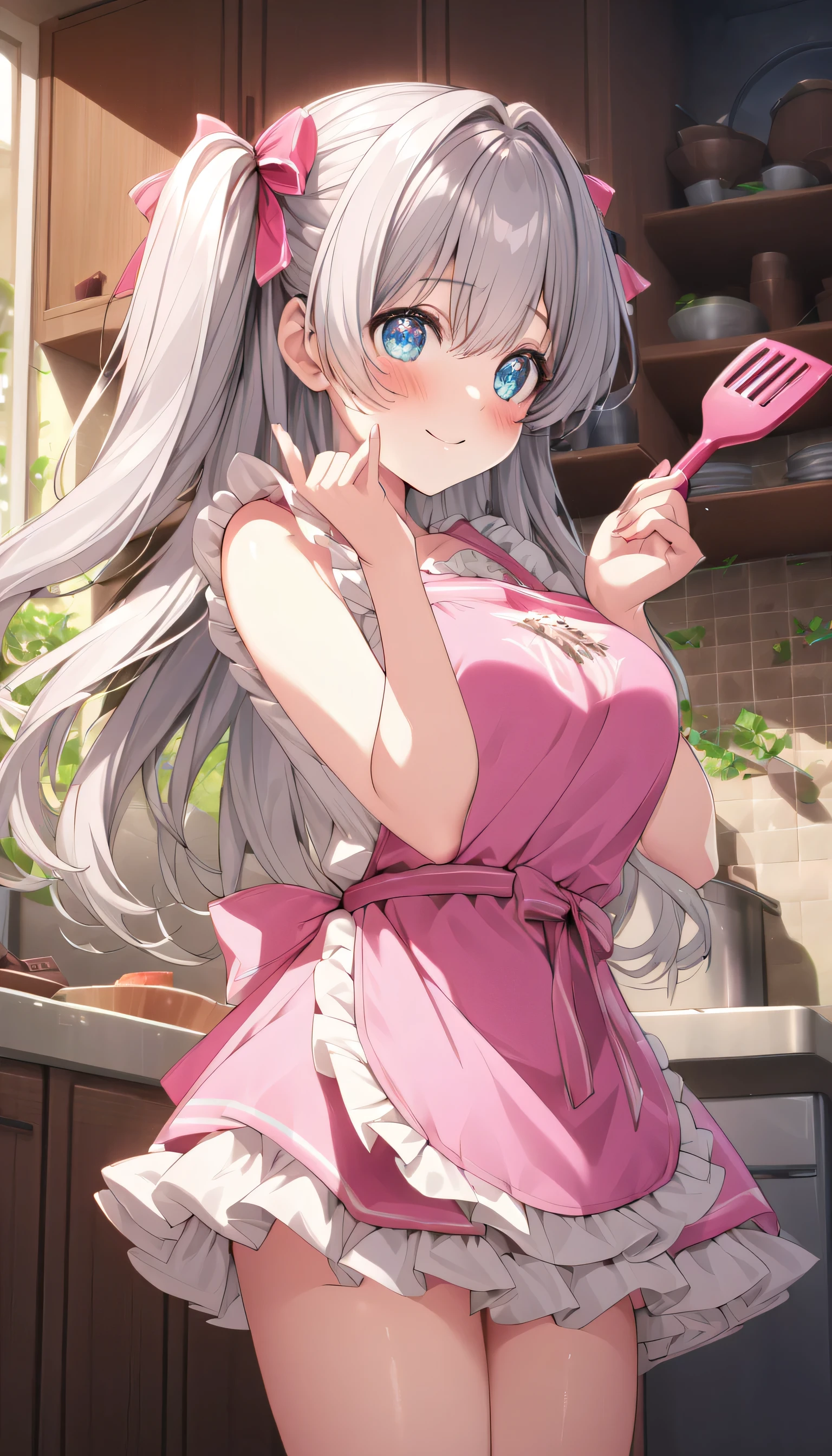 ((ultra-detailed)), (highly detailed CG illustration), (best quality:1.2), ultra-highly detailed, colorful composition, artistic photoshoot, 1girl, solo focus, ((thigh to top:1.4)), ((cowboy shot:1.4)), moe anime
character, girl, dainty facial structure, (bab(round face), ((rounded chin:1.2)), ((ideal ratio body proportions)), celia-default, celia claire, blue eyes, sparkle eyes, silver hair color, two side up, (hair ribbon with pink), ample breasts, ((pink apron with ruffles)), ((Joyful)), ((happy)), ((shy)), ((blush)), ((standing in the kitchen:1.4)), ((chocolate is in hot water)), ((mix the chocolate in a bowl with a rubber spatula)), dynamic pose, from side, best quality, masterpiece, expecting, pink cheek, blush, light pink gloss slip, portrait, depth of field, soft lighting, sidelighting, (shine), lighting, caustics, ray tracing, perfect face, lustrous skin, highly detailed face, highly detailed eyes, perfect face, perfect nose, perfect hair, perfect eyes, perfect anatomy, beautiful hair, beautiful small face, extremely detailed face, beautiful detailed eyes, beautiful clavicle, beautiful body, beautiful huge breasts, ((leavage)), breasts squeezed together, equalize the size of the left and right breasts, beautiful thin thighs, beautiful legs, (beautiful fingers), ((4 fingers)), (1 thumb), lovely, (very detailed background:1.0), (highly detailed background:1.0), bright lighting at night aesthetic, intricate details, joyful atmosphere, bright lighting at night colors palette, chromatic aberration
