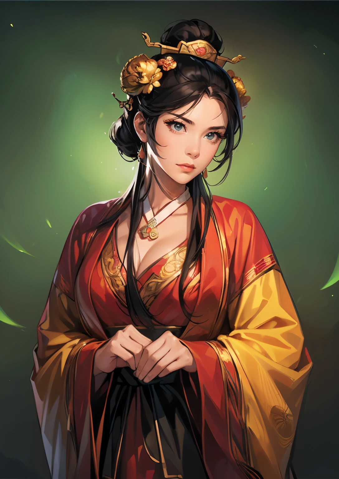 (((Maintain color ))), ((( picture style maintenance ))), (( Koei Three Kingdoms illustration style)), ((Maintain the composition)), san14:1.5,  attractive woman ,  dark background , (( Natural Hands )), (( black hair)),  Visible Chest Valley , (( Eyes looking at the camera ))