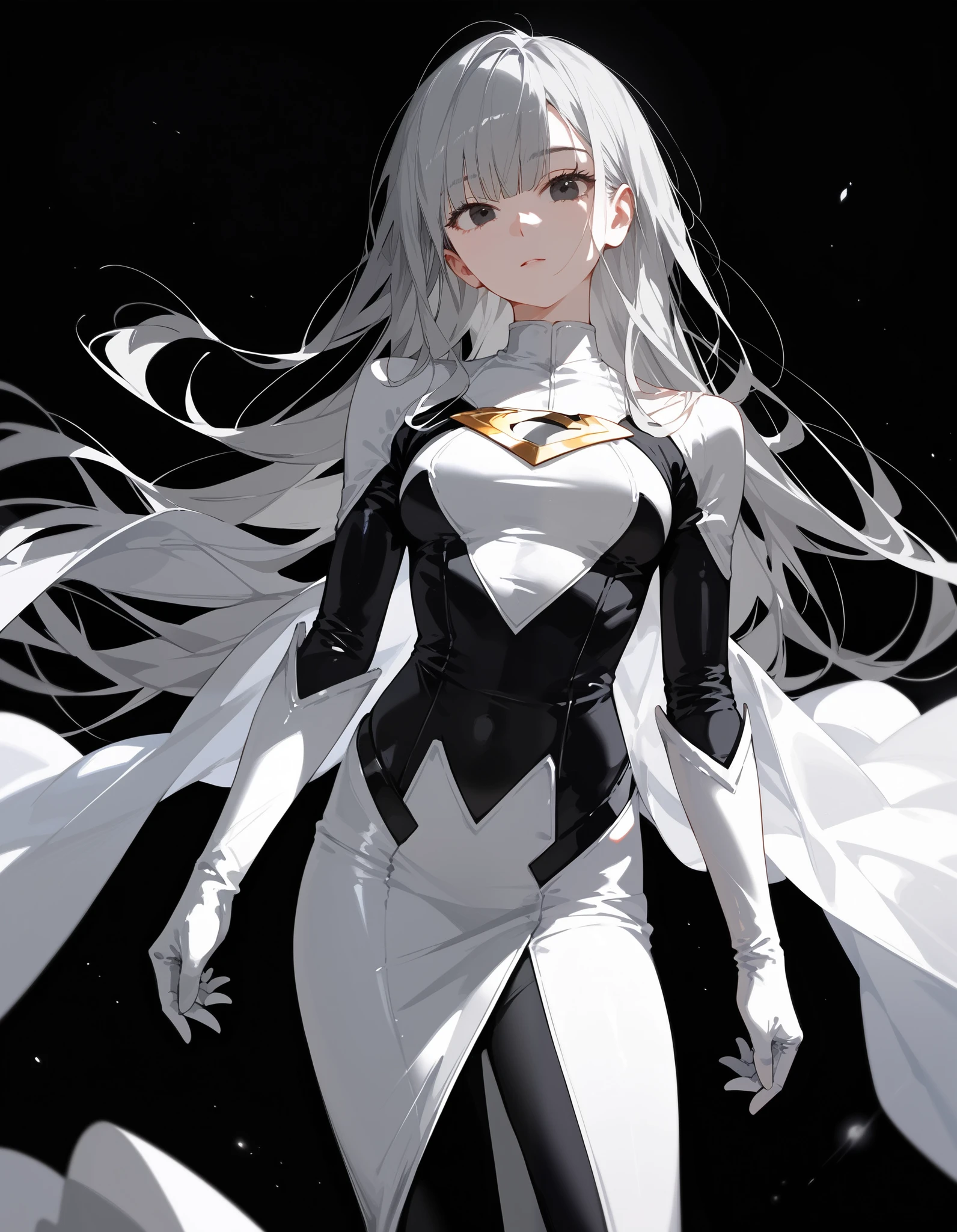 girl,Black Gray Hair , long hair, in black eyes,White suit, Tight Set ,hero, long white shawl, black background ,ใบหน้าEmotionless, Slim ,Long Sleeve Dress , put on white gloves, long bangs,Emotionless,Stunning , dark edges,over hair,super hero costume,Unscathed,Under the face, long skirt,Round face