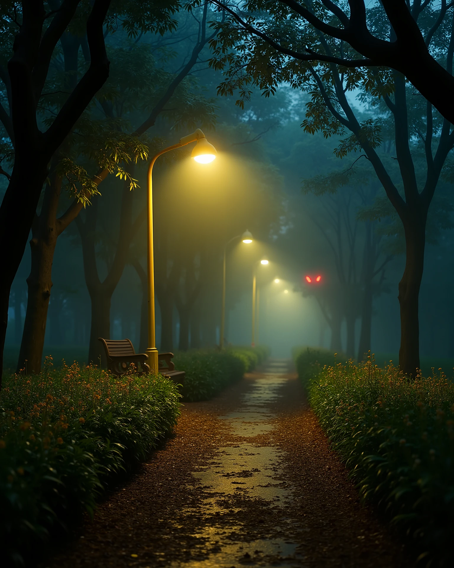 On Indian yellow pole light park, horror Indian Park, yellow side poles, big deep trees around and deep flowers , close to camera, flowers on path , leaves are flowing in air and path, fog lightroom effect, professional photography of seen, dark night ,, side look, sitting bench, strong winds, leaf and flowers but horror ,horror two red eyes in background ,
