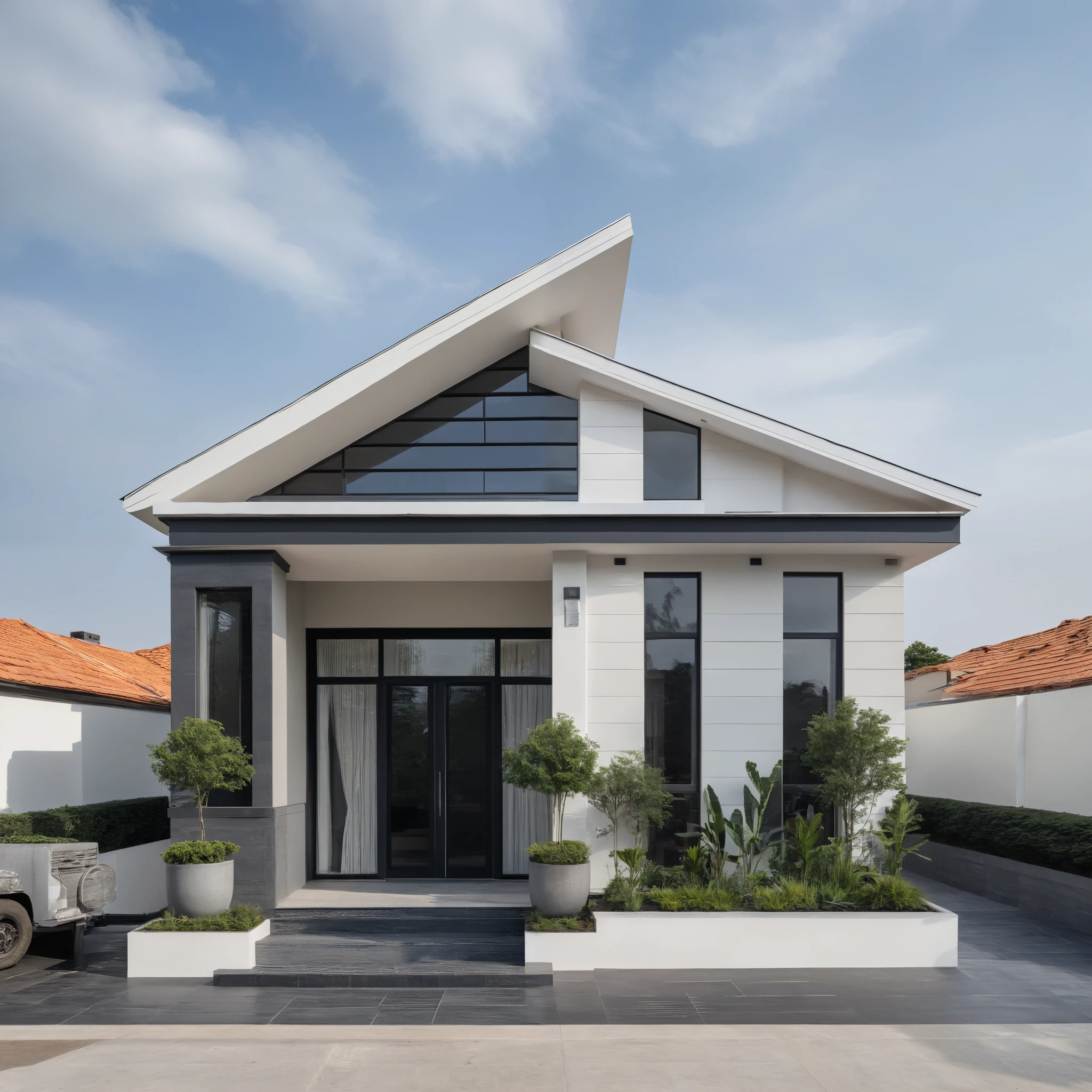 (masterpiece:1.2), best quality, photo of A two-story modern house with white walls and dark tiles on the roof, tree and plant, streetcapes, natural light, The exterior of an elegant single family home features large windows, a dark gray door frame.