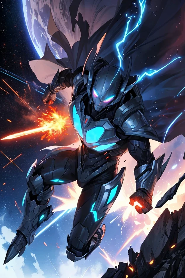 1male, space warrior in sleek metallic armor with glowing blue accents and intricate engravings; the armor features a flowing black cape dramatically billowing in the wind; wielding a plasma sword mid-swing with radiant blue energy trails; the character is leaping forward in an aggressive and heroic pose, eyes glowing intensely with determination, set on a chaotic alien battlefield with explosions and debris flying through the air; distant mountains glowing with molten lava; a massive alien spaceship hovering ominously in the background; dynamic low-angle shot to emphasize action and scale, cinematic lighting with intense highlights and shadows; glowing plasma sword casting vibrant blue light onto the character and surroundings; volumetric light rays cutting through the smoky battlefield; sparks, glowing embers, and energy particles enhancing the sense of motion, epic sci-fi blockbuster style with dramatic tension; high-energy and action-packed,