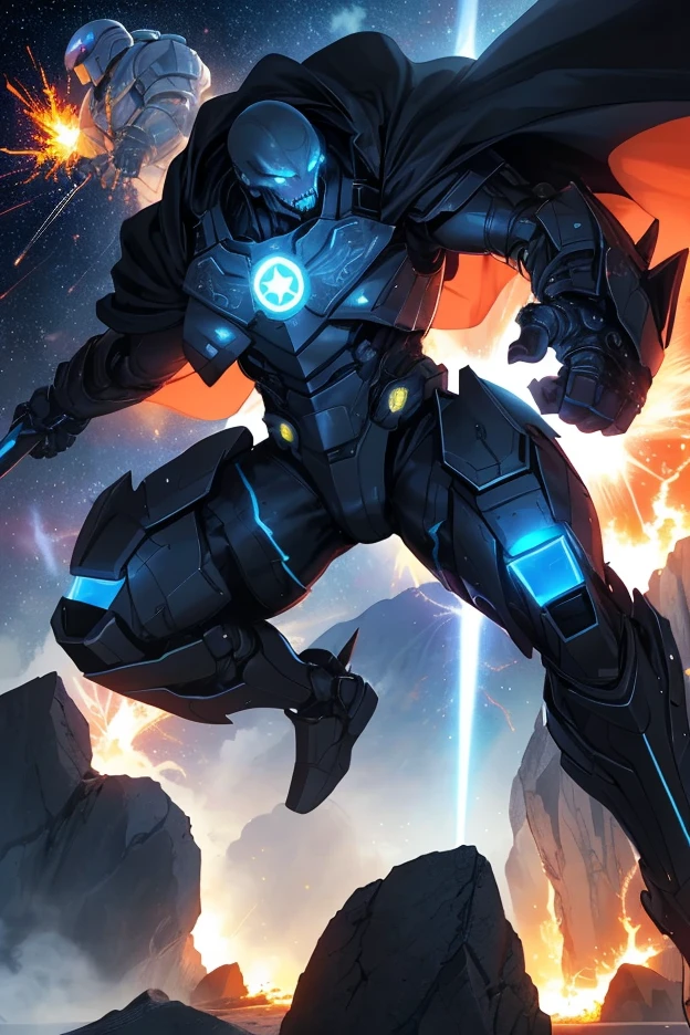 1male, space warrior in sleek metallic armor with glowing blue accents and intricate engravings; the armor features a flowing black cape dramatically billowing in the wind; wielding a plasma sword mid-swing with radiant blue energy trails; the character is leaping forward in an aggressive and heroic pose, eyes glowing intensely with determination, set on a chaotic alien battlefield with explosions and debris flying through the air; distant mountains glowing with molten lava; a massive alien spaceship hovering ominously in the background; dynamic low-angle shot to emphasize action and scale, cinematic lighting with intense highlights and shadows; glowing plasma sword casting vibrant blue light onto the character and surroundings; volumetric light rays cutting through the smoky battlefield; sparks, glowing embers, and energy particles enhancing the sense of motion, epic sci-fi blockbuster style with dramatic tension; high-energy and action-packed,