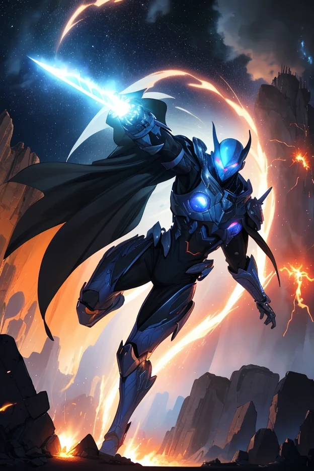 1male, space warrior in sleek metallic armor with glowing blue accents and intricate engravings; the armor features a flowing black cape dramatically billowing in the wind; wielding a plasma sword mid-swing with radiant blue energy trails; the character is leaping forward in an aggressive and heroic pose, eyes glowing intensely with determination, set on a chaotic alien battlefield with explosions and debris flying through the air; distant mountains glowing with molten lava; a massive alien spaceship hovering ominously in the background; dynamic low-angle shot to emphasize action and scale, cinematic lighting with intense highlights and shadows; glowing plasma sword casting vibrant blue light onto the character and surroundings; volumetric light rays cutting through the smoky battlefield; sparks, glowing embers, and energy particles enhancing the sense of motion, epic sci-fi blockbuster style with dramatic tension; high-energy and action-packed,