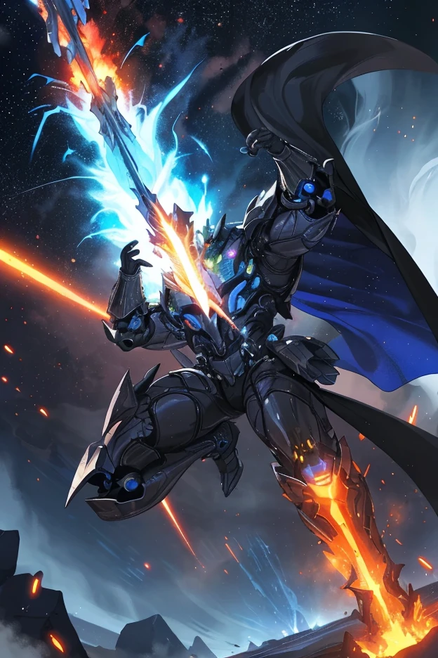 1male, space warrior in sleek metallic armor with glowing blue accents and intricate engravings; the armor features a flowing black cape dramatically billowing in the wind; wielding a plasma sword mid-swing with radiant blue energy trails; the character is leaping forward in an aggressive and heroic pose, eyes glowing intensely with determination, set on a chaotic alien battlefield with explosions and debris flying through the air; distant mountains glowing with molten lava; a massive alien spaceship hovering ominously in the background; dynamic low-angle shot to emphasize action and scale, cinematic lighting with intense highlights and shadows; glowing plasma sword casting vibrant blue light onto the character and surroundings; volumetric light rays cutting through the smoky battlefield; sparks, glowing embers, and energy particles enhancing the sense of motion, epic sci-fi blockbuster style with dramatic tension; high-energy and action-packed,