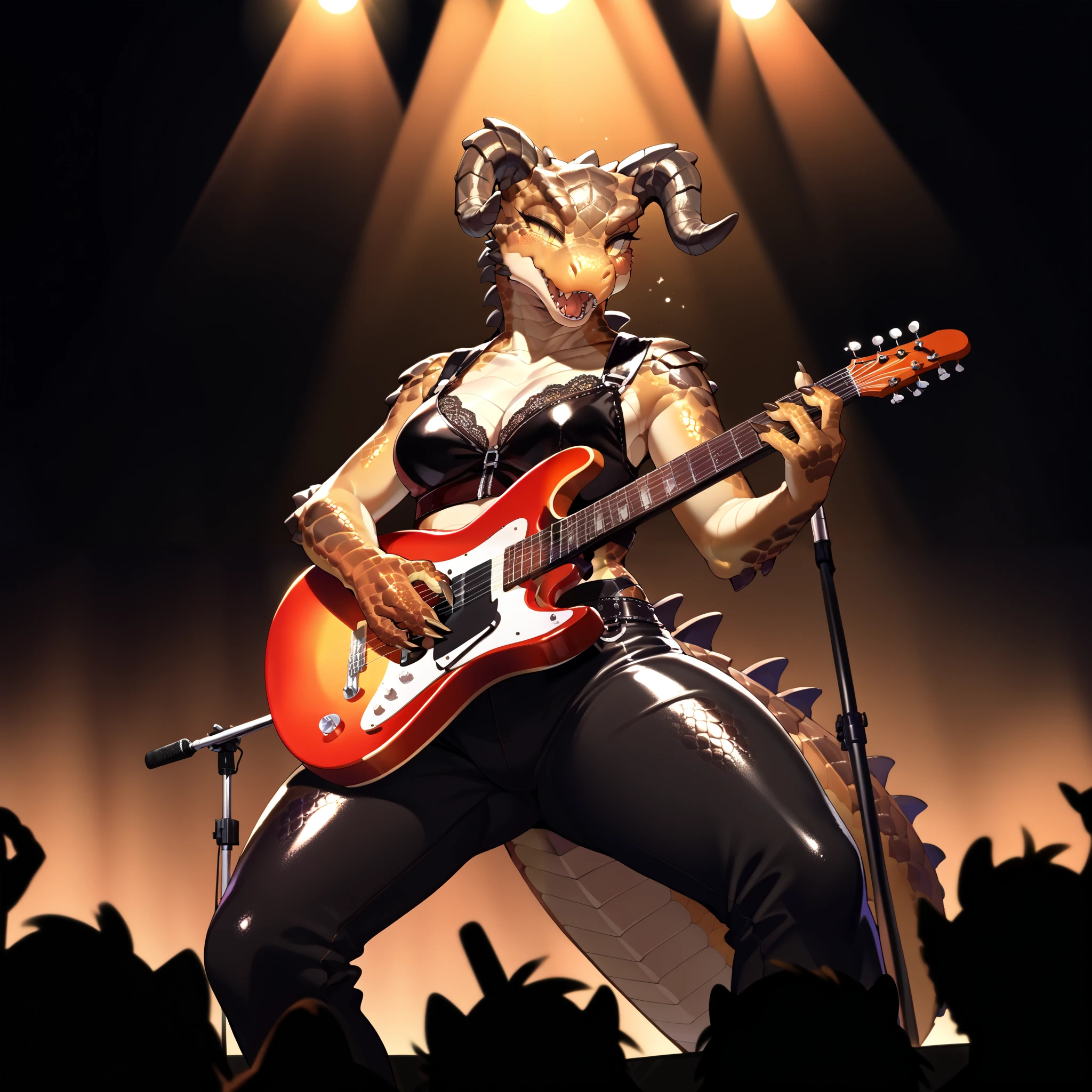 score_9, score_8_up, score_7_up, source_anime BREAK anthro deathclaw girl, rock concert, on stage,holding guitar, microphone stand, drum set, (concert lights,spotlight) wearing leather pants, lace top, ((character focused, perfect shadows, perfect eyes, shiny scales, ))