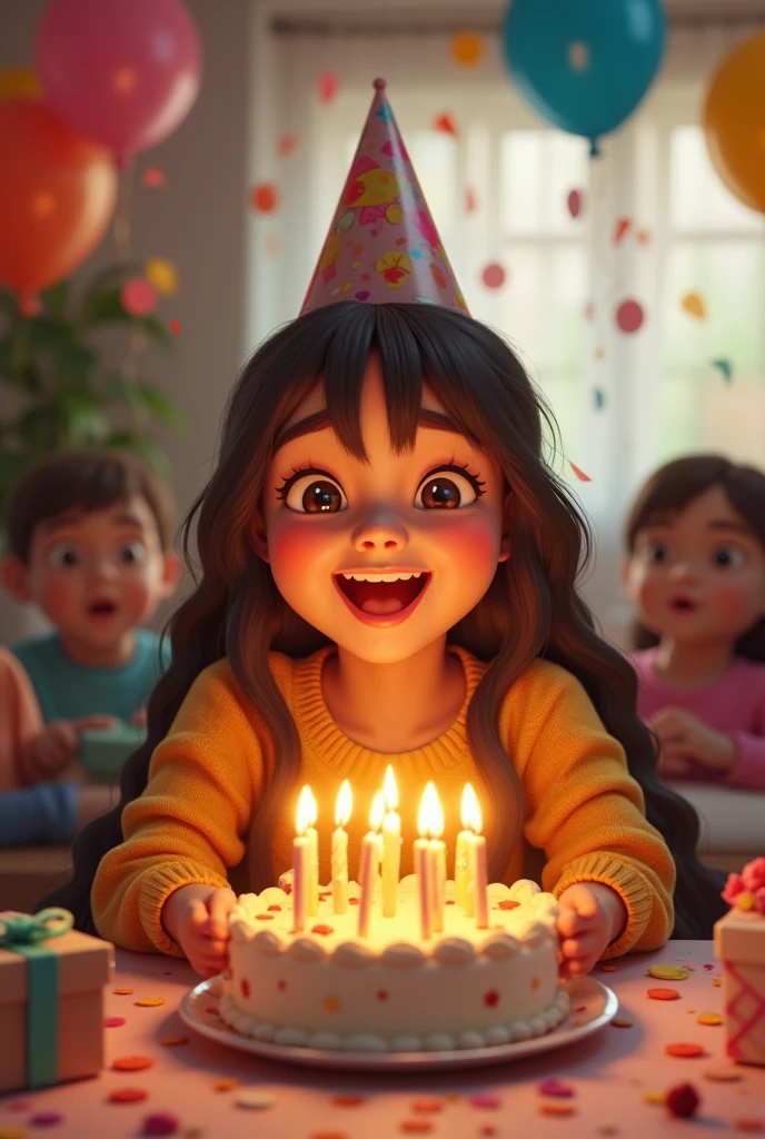 Create a 3d image in which a Indian teenager girl cutting Cake wearing blue color shirt with Name "Divya" is written clearly on the Cake and 17 year candle burning on the Cake, image features with birthday decorated view realistic image