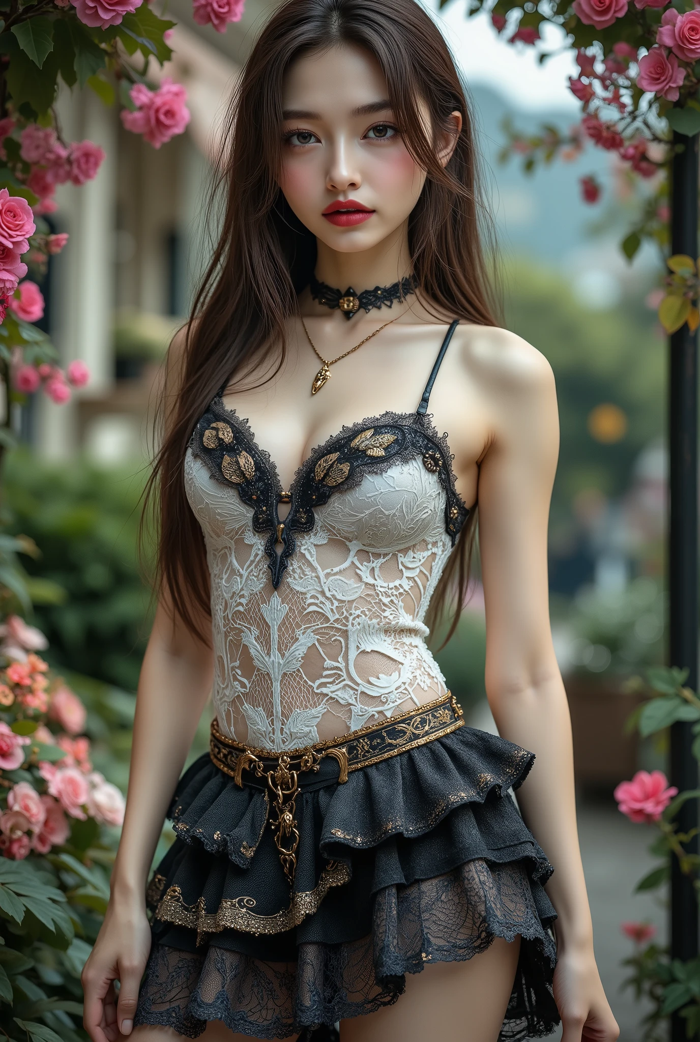 Realistic ((Photorealistic realism)), Hyper high resolution, ((Hyper insanel quality, epice masterciece, intricately detailed digital art)),((focus on extremely Realistic Proportion Body:1.3),"Portrait of {a woman, wearing a dress, standing in a garden}."(ultra realistic texture details: velvety skin, hair), ((sharp focus, no blurry eyes, Hyper absurd quality, Hyper details,Hyper realistic brown_eyes:1.4)),((extra narrow eyebrows)),(Carefully draw Long blue_mascara:1.13),(perfect round eyes), (finely detailed pupils, (extremely fine details pupils)), detailed lips:1.3, (apply glossy red_lipstick:1.3), (perfect proportions:1.2), (White tight Dress made of lace fishnet), (Dolce & Gabbana, Floral style:1.29), (elegant fashion, intricate details:1.23), floral couture, (clothes made of silk and flower), (Wearing tight fitting dresses)), (black latex:1.25), latex bodysuit laced), (Intricately details multi-layer ((Ruffled ((Black)) Gothic Punk Skirt:1.2)), lace with fishnets:1.3), (golden lace-up:1.3), dslr, high quality split lighting, sharp focus captured by Fujifilm XT3, f 5.6,(perfect composition),((look at the viewer)), HDR, UHD, studio lighting, physically-based rendering, vivid colors,