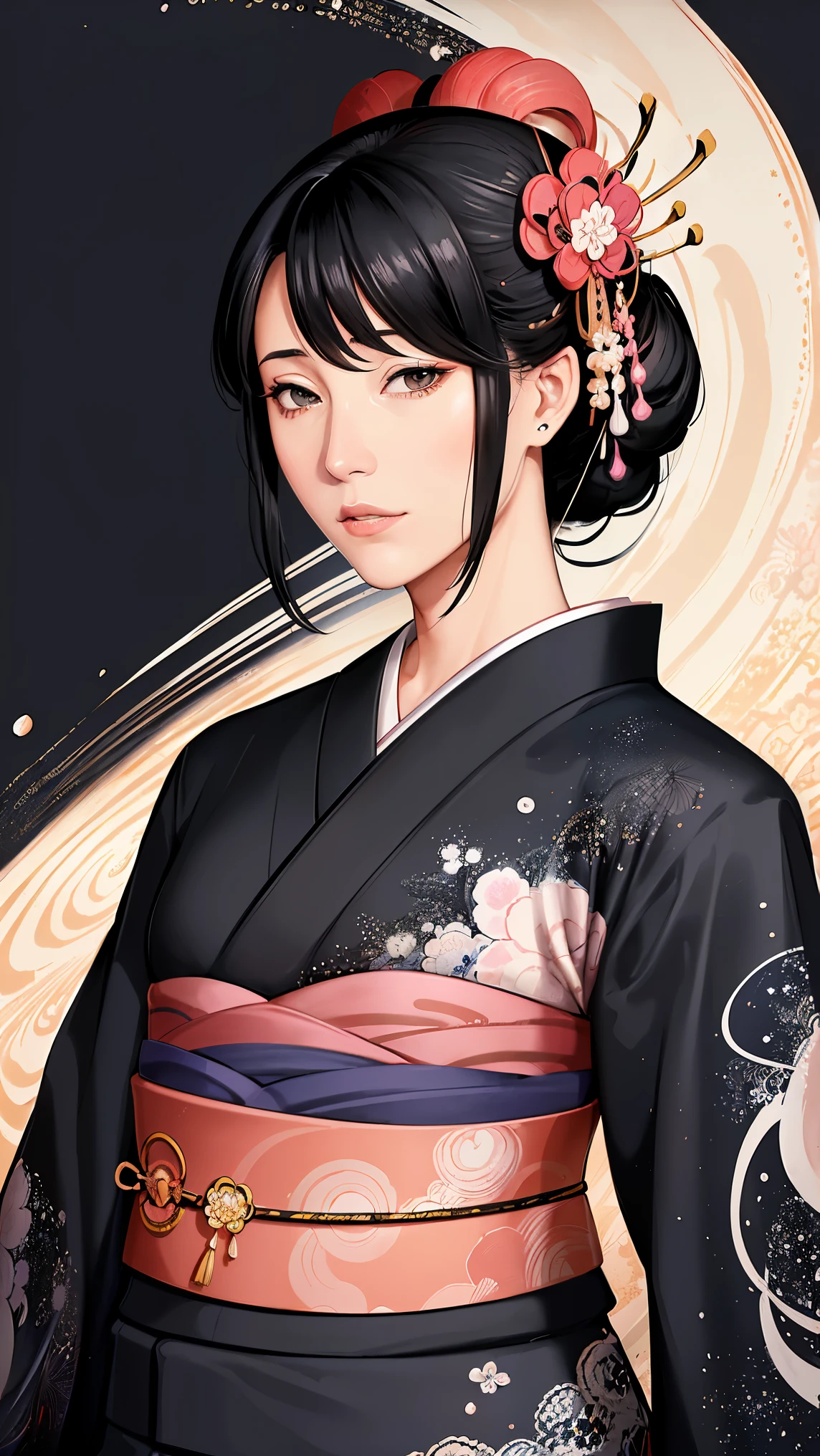 (Masseter muscle area、 top quality、 Ukiyo-e Style、 mystical 、 beautiful and artistic 、 Official Art、Sharaku:1.2)、( 1 girl :1.3)、( fractal art:1.3)、 cowboy shot 、 The white and beautiful skin of 、(  beautiful black hair 、 kimono:1.2)、  with traditional Japanese performing arts in the background、 are very colorful 、(Swirl pattern、Japanese Style:1.2)、