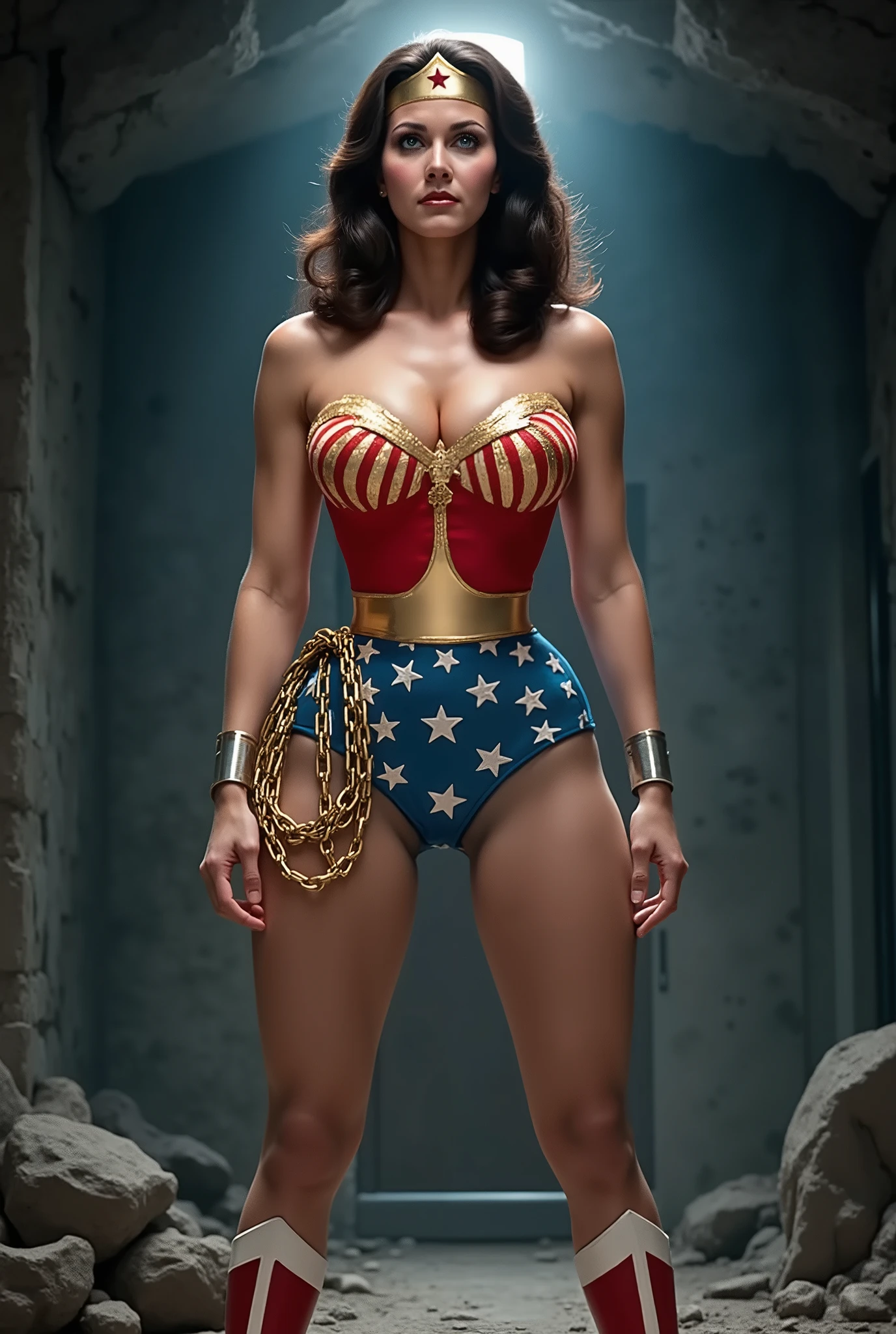 SHEATHED IN CHAINS, BASEMENT SCARED (COMIC BOOK STYLE) TALL SEXY LINDA CARTER AS THE LEGENDARY WONDER WOMAN OF 1960, WEARING LATEX WONDER WOMAN COSTUME, LATEX PATRIOTIC BLUE SKIRT. TRICOLOR PATRIOTIC CAPE. HER GOLD LASSO IS ATTACHED TO THE SIDE OF HER THIGH. CRYSTAL CLEAR ART, CRISP ART, 4K, 8K, MILLIONS OF TEXTURES AND DETAILS. SAVING THE WORLD. COMIC BOOK