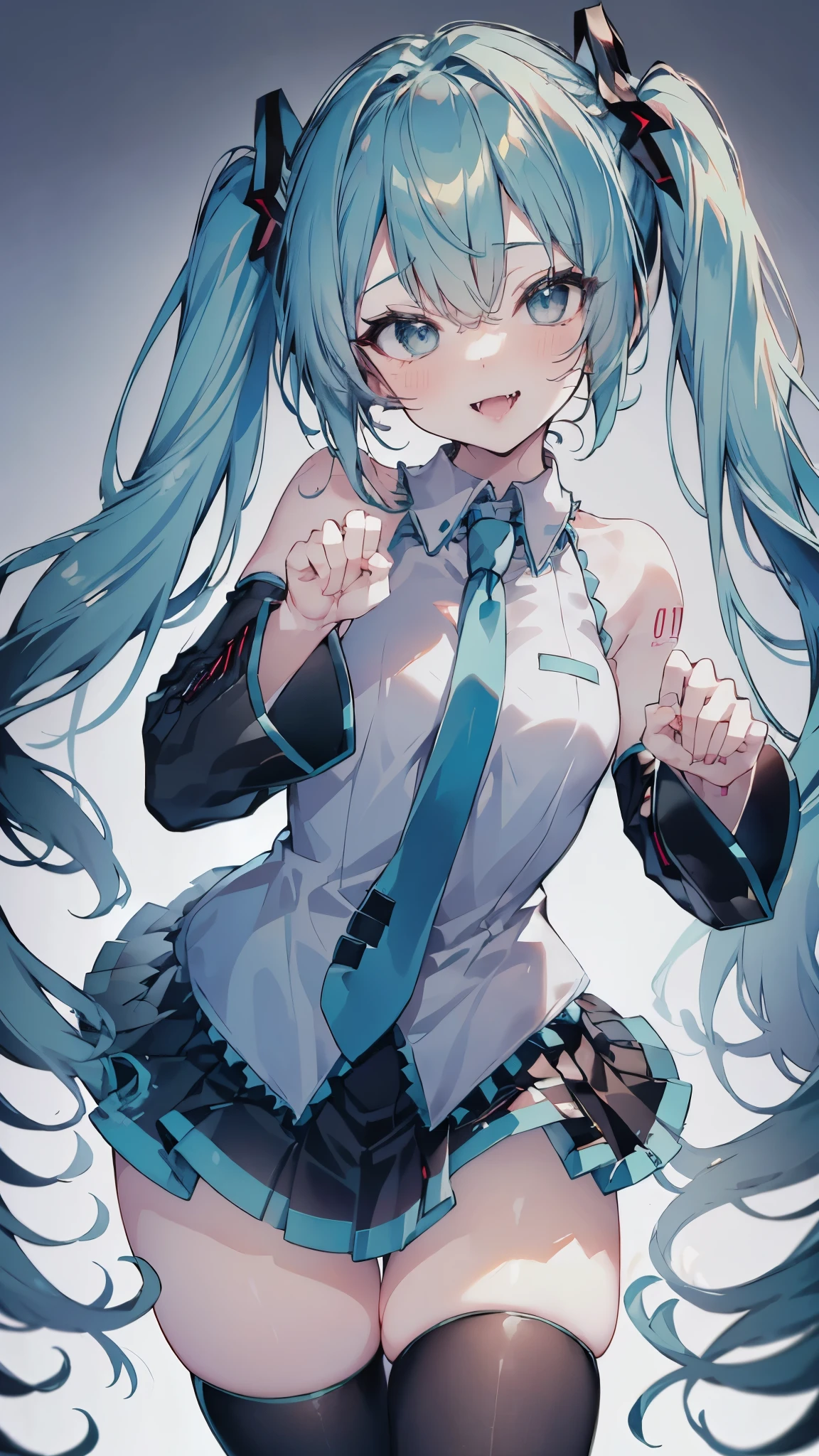 (Masterpiece,best composition,Best Quality,ultra-detail,Best Shadows,Perfect composition),(portrait:1.5),Hatsune Miku,((((vampire girl,sexy body,Perfect figure,light-blue twin-tails hair)))),shy smile,cute big eyes,The eyes are shining,(((lips wide open and bare huge Fangs))),hatsune miku uniform,very delicate details fashion,beautiful slim legs,big tits,(((cat pose,she is attacking here with the blue claws of both hands raised))),in the big city,(((at midnight,Beautiful skyscraper night view)))