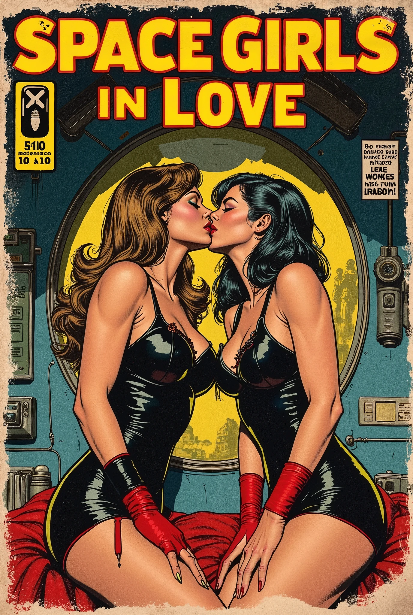 retro comic book cover for "SPACE GIRLS IN LOVE", (lurid horror font, red letters with black embossed outline), shows comic book price and publisher, paper is old and torn, collector's item, space girls in tight black space suits with red trim, Italian sci-fi style, kissing, masturbating, in the retro space spaceship cabin, tits, ass, full-frontal nudity, fumetto style, classic horror comics design, Bernie Wrightson, Wally Wood, Frazetta, vivid lurid details and color, intricate, HD, 8x, classic sci-fi horror style comic book cover