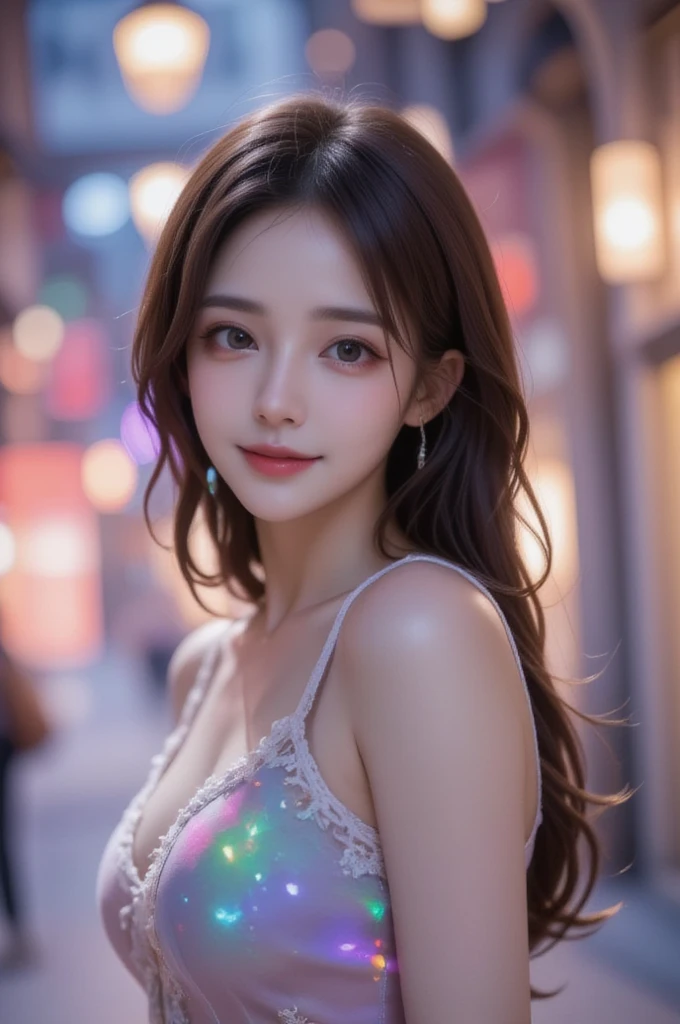 1 girl, Tokyo Street,night, Streetscape,City lights,Upper Body,close,smile,, (8k, RAW Photos, Highest quality, masterpiece:1.2),(Realistic, photo-Realistic:1.37),