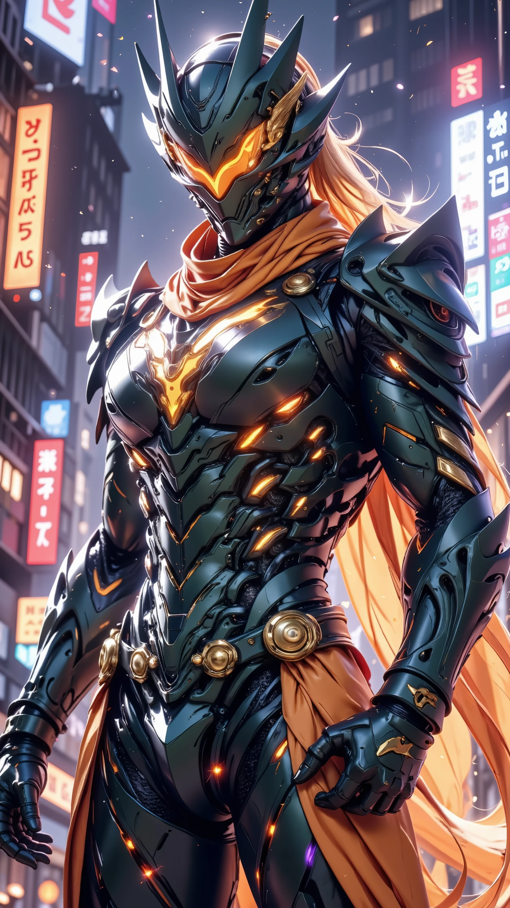 high image quality 8k night city He's hanging an orange heat-dissipating scarf、Wear modern dark green biological armor over a black bodysuit He wears a full helmet that combines dragon and insect designs.、 red glowing goggle eye He wears a golden belt with an oval shape and a central sphere around his waist. Have confidence、Karate stance, purple breast veins ,