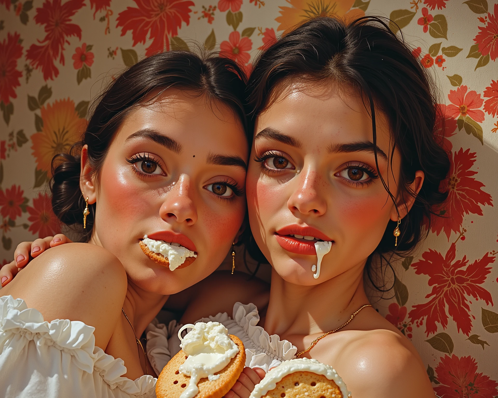 two  girls, eating Hostess Twinkies, white cream filling on their faces and fingers, sweet looking white girls, in underwear, knee socks, lurid and vivid colors, detailed, intricate, NSFW, sexy, erotic, European fumetto style, Frazetta, Olivia De Berardinis, good anatomy, no deformities, playful yet seductive, crisp colors and details. 