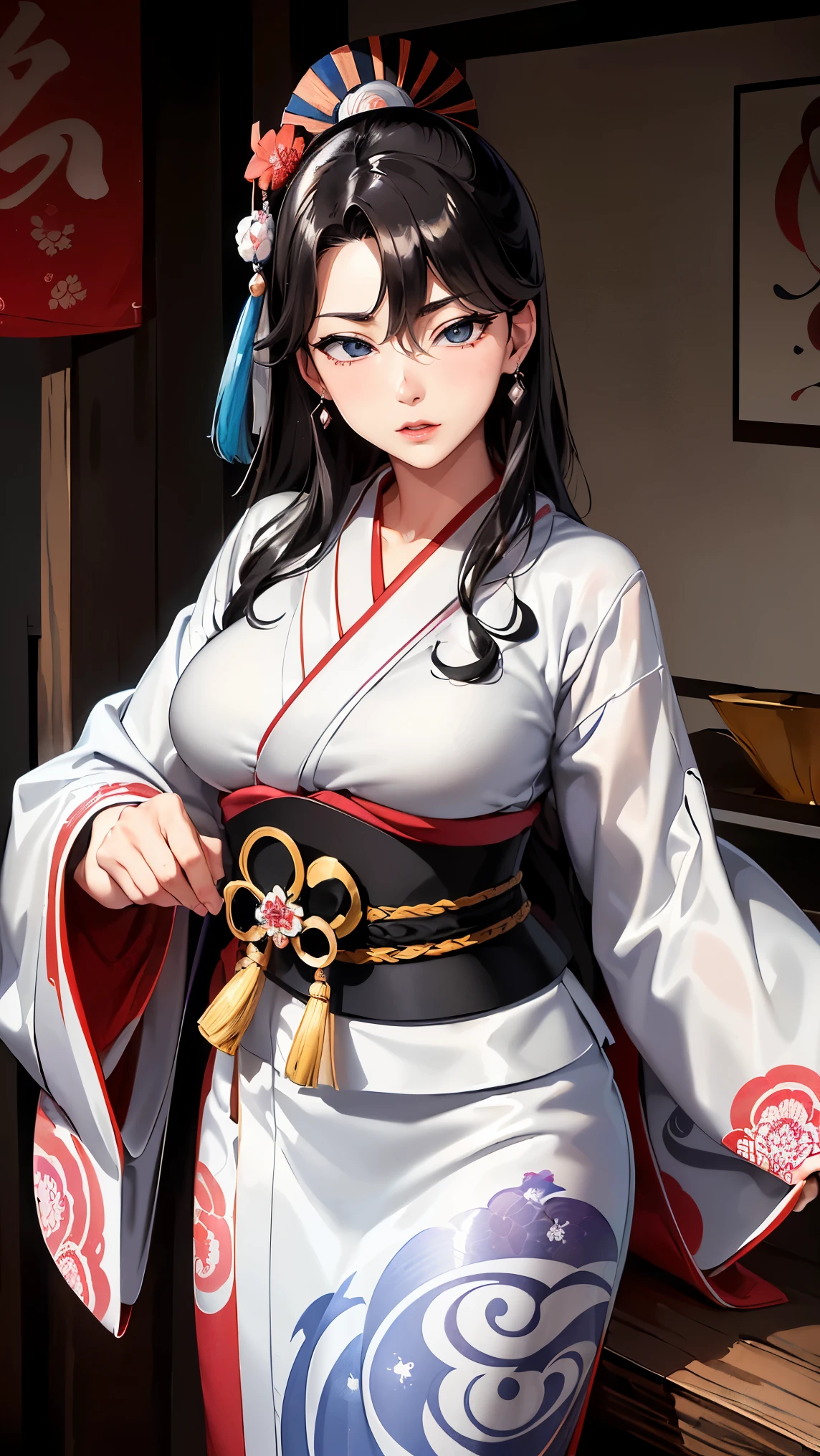 (Masseter muscle area、 top quality、 Ukiyo-e Style、 mystical 、 beautiful and artistic 、 Official Art、Sharaku:1.2)、( 1 girl :1.3)、( fractal art:1.3)、 cowboy shot 、 The white and beautiful skin of 、(  beautiful black hair 、 kimono:1.2)、  with traditional Japanese performing arts in the background、 are very colorful 、(Swirl pattern、Japanese Style:1.2)、