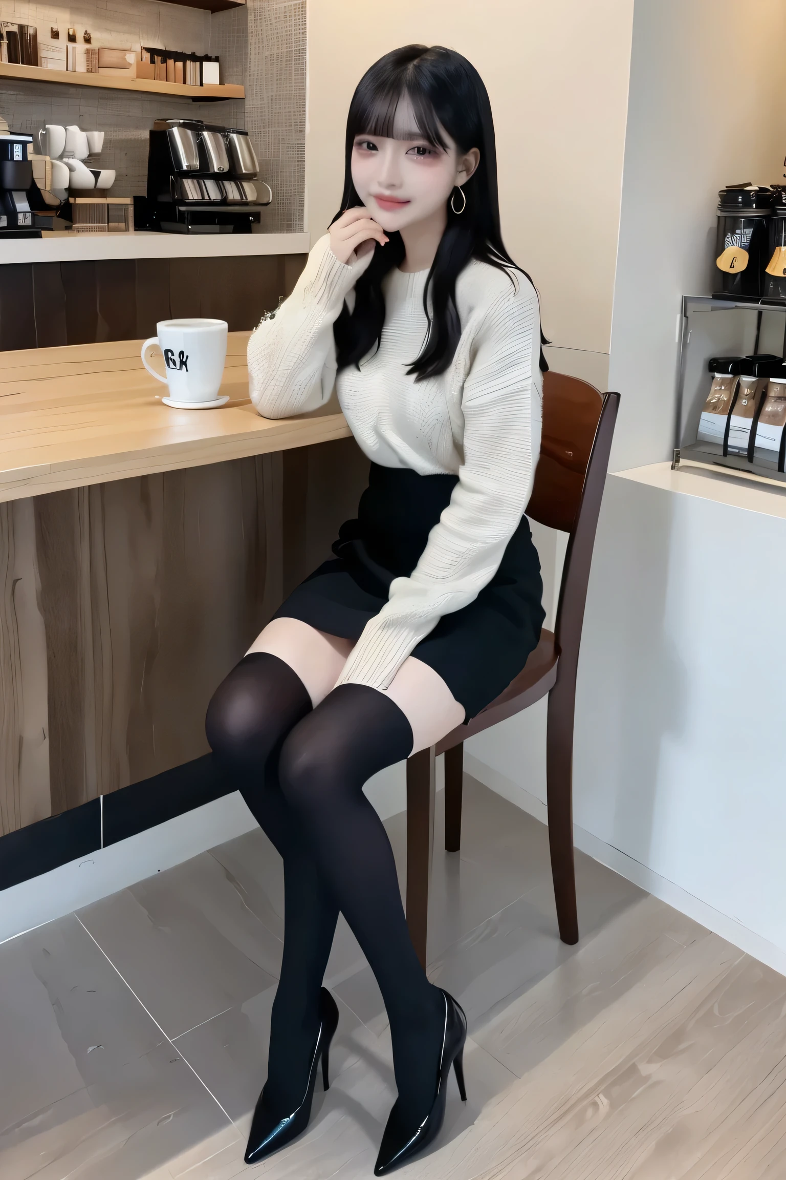 (1 Korean star with royal sister style), ((Best quality, 8K, 巨作: 1.3)), focal point: 1.2, Perfect body proportions: 1.4, (Make a smile), (Sunset: 1.3), Watery eyes, Highly Detailed Face and Skin Textur, Fine eyes, Double eyelids, Whitens the skin, (long whitr hair, Air bangs: 1.3), (Round face inches: 1.5)Full body photo of black stockings, (Black hip skirt 1.4), (Sketch 1:2,) (On a yacht at sea,The whole picture of the yacht,Half-sitting,baiyun,suns,The scenery is exceptionally beautiful),Third Person View。