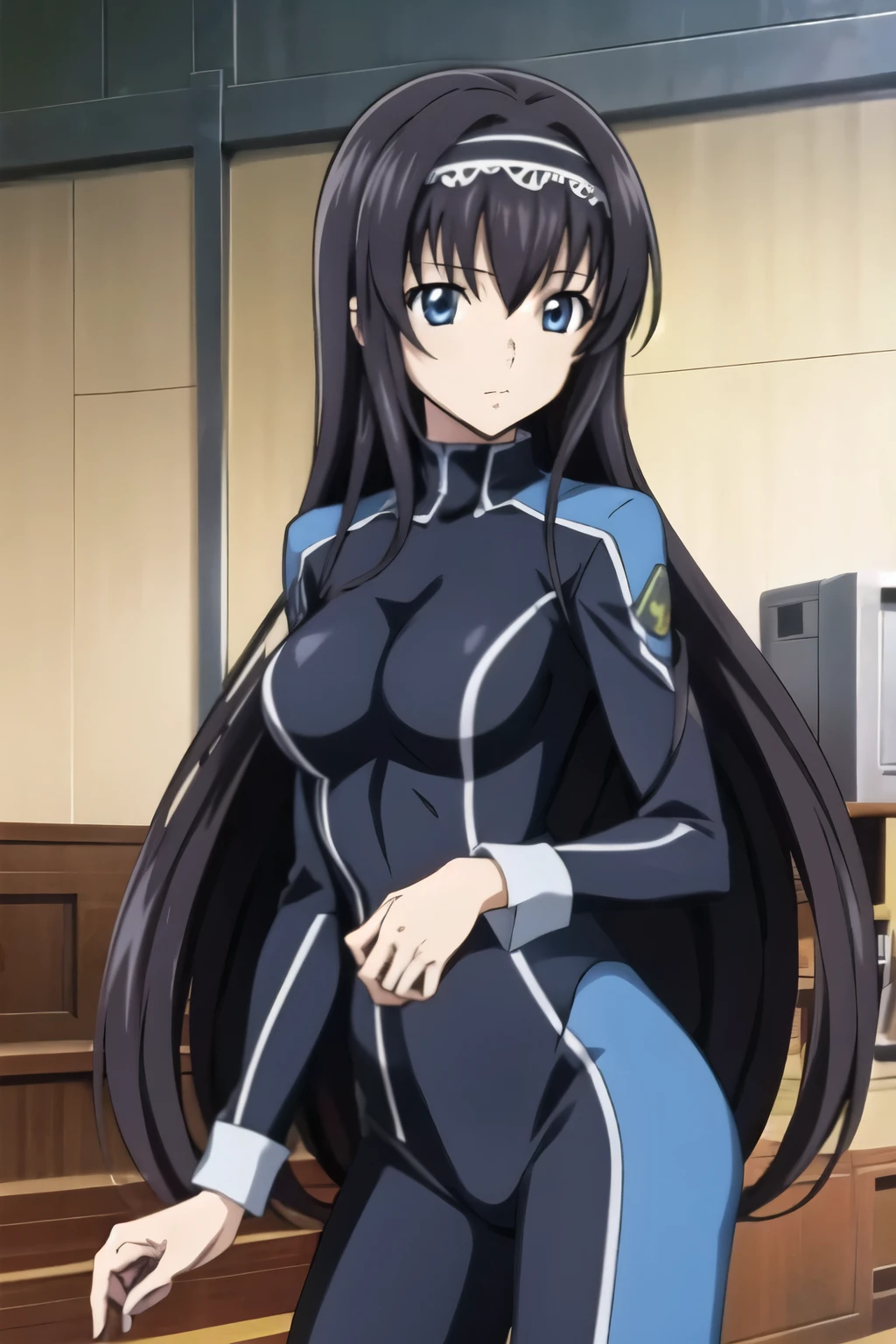 from side, 1 girl, cute, black long hair, posing, (blue pilot suit), One leg on the stairs In a military hangar., (Anime style, masterpiece, best quality , High Resolution , anime color , Anime style, animated visual , sharp, 8k, realistic), beautiful eyes, ((hair band)), digital animation art!!, anime style, Official Artwork , visual novel CG,