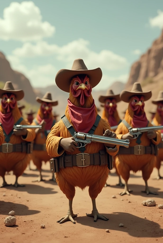 A chicken dressed as a cholo with a gun in the neighborhood and his gang
