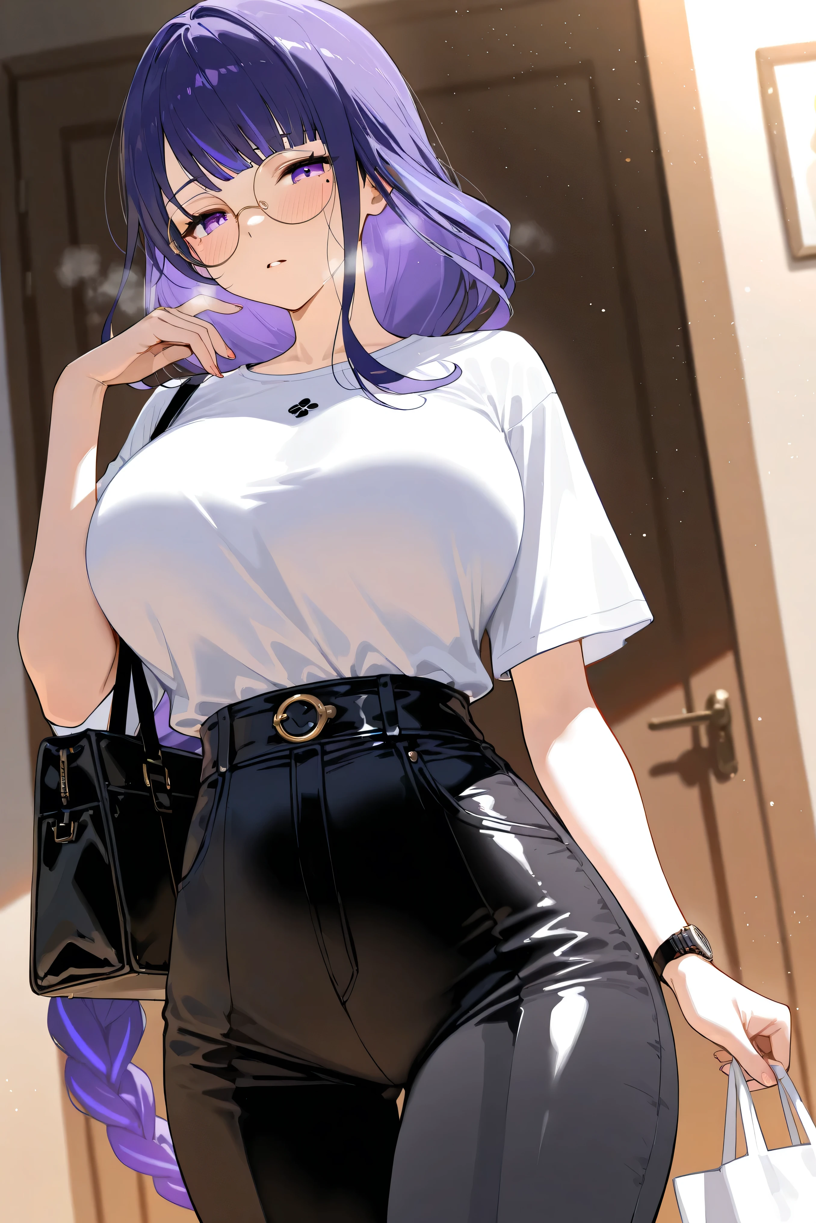 score_9, score_8_up, score_7_up, masterpiece, best quality, very aesthetic, absurdres, tunning image, light particles, attractive image, solo, 1girl, adult grown woman, raiden shogun (genshin impact), long hair, mole, mole under eye, purple eyes, purple hair, blush, heavy breathing, masterpiece,best quality,amazing quality, 5 fingers, alternate costume, An anime character dressed in a Minimalist Urban Chic outfit, wearing an oversized charcoal gray blazer with a sleek, tailored fit, layered over a fitted white T-shirt tucked into high-waisted black wide-leg pants. while a classic leather wristwatch and a simple canvas tote bag add a refined touch. With thin round glasses resting on their nose,