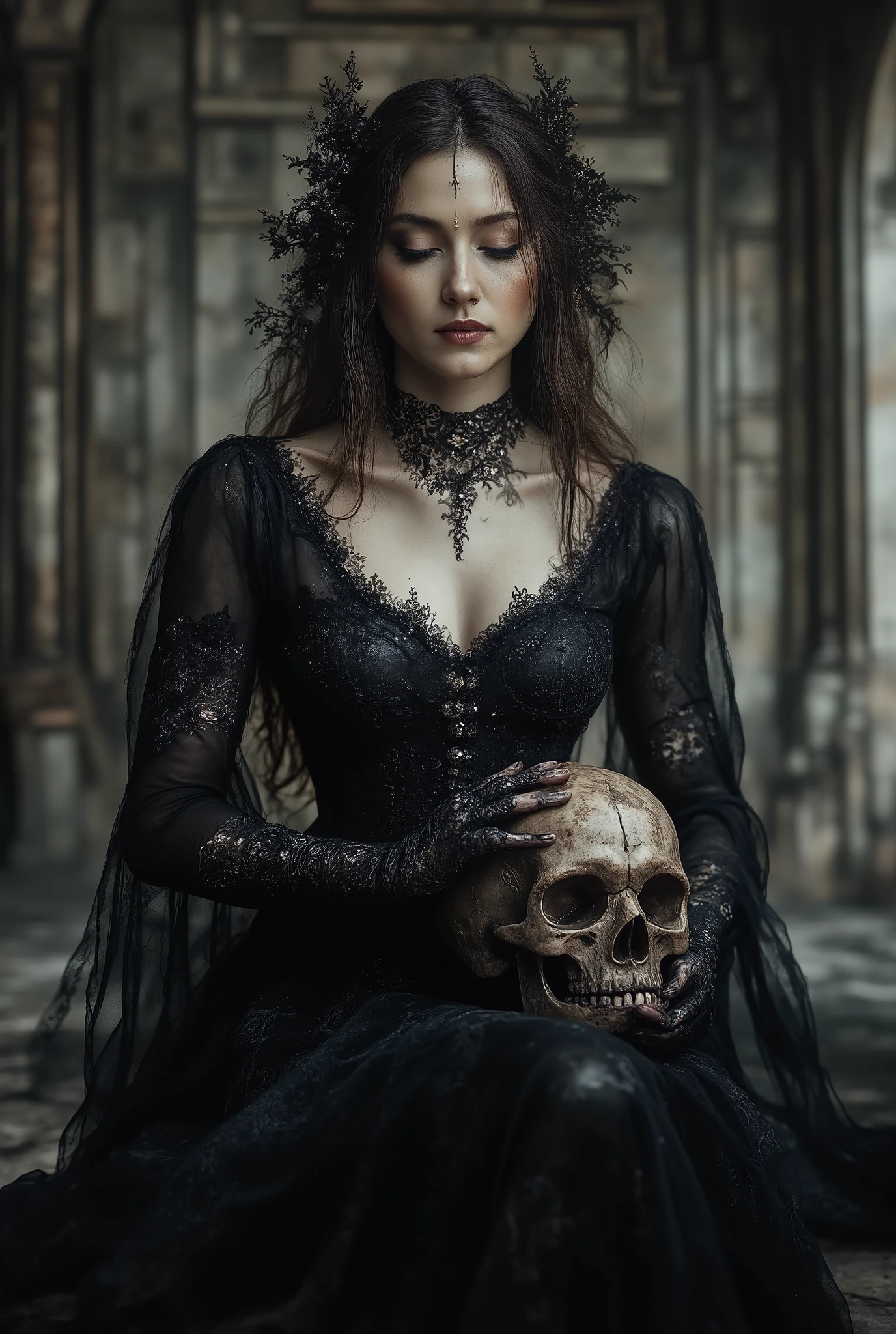 Love Beyond Time, High Quality, Gothic Horror, One Girl, Solo, Beautiful Woman, Queen of the Night, Dark Empress, Long Black Hair, Long Eyelashes, Closed Eyes, Narrow Face, Mole Under Eye, Moist Lips, Slim Body, Medieval European Black Dress, High Neck, Choker, Long Sleeves, Lace Gloves, High Heels, Black veil, empty hall, sitting on throne, kissing skull in hand, close-up of skull and woman's face,