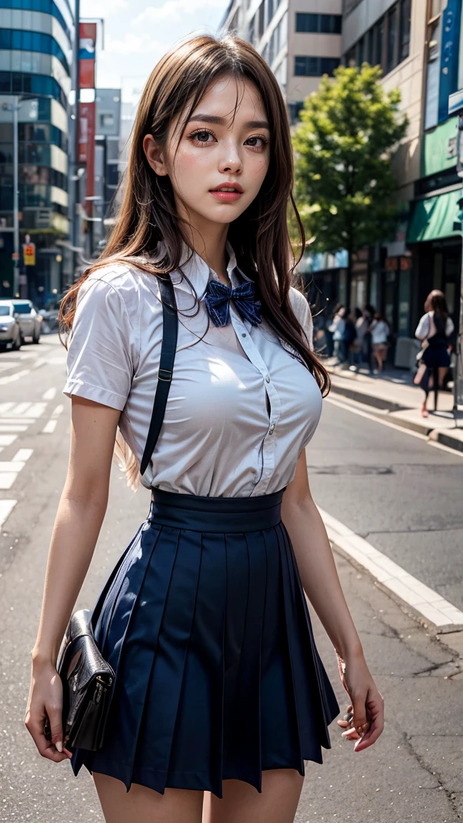 (8k, RAW photo, best quality, masterpiece:1.2), (realistic, photo-realistic:1.4), (extremely detailed 8k wallpaper), sharp focus, depth of field, bocinematic lighting, soft light, detailed beauty eyes,shiny smooth light brown long bob hair, asymmetrical bangs, shiny skin, super detailed skin ,high resolution, high detailing, detailed hairstyle, detailed beauty face, hyper realistic, perfect limbs, perfect anatomy ,1 japanese girl,famous Japanese idol, perfect female body, large breasts,smile,short eyelashes,double-edged eyelid,long bob hair, (school uniform:1.3),(miniskirt navy miniskirt), looking at viewer, (Crowded city streets:1.3),cowboy shot, (tight:1.3), (wet:1.2), ((transparant shirt:1.5)), no bra, puffy nipple