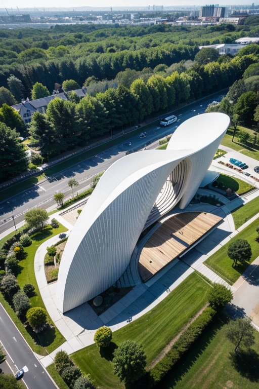 Future Architecture ， Aerial view ， with organic shapes and natural inspiration at its core ，Mimic Mobius Ring、Shape of the eye， creates a fluid and elegant structure ， showcases Santiago Calatrava's iconic style。