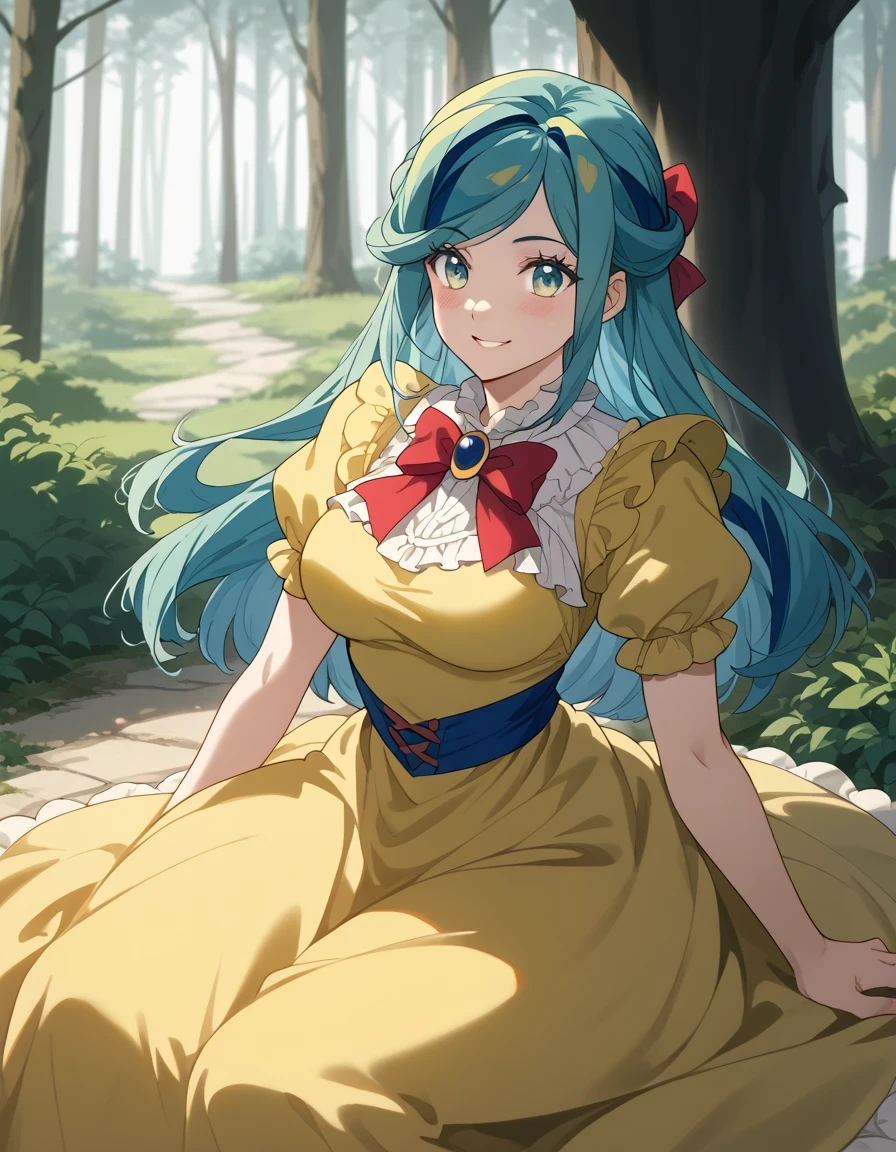 score 9 、score 8 up、score 7 up、 Masterpiece、 top quality、 Hi-Res、anime coloring、、1woman、Pokemon grusha 、Alone、 long hair、aqua eyes、Blue Hair、 green hair、aqua hair、multicolored hair、hair bun、eyelash、half up hair、Big Breasts、 Extremely Large Breasts、、snow white cosplay、snow white (disney) (cosplay)、cosplay、dress、puffy and slash sleeves、puffy short sleeves、puffy sleeves、red bow、short sleeves、yellow skirt、yellow dress、forest、 Sitting、smile、blush、looking at viewer、 cowboy shot、