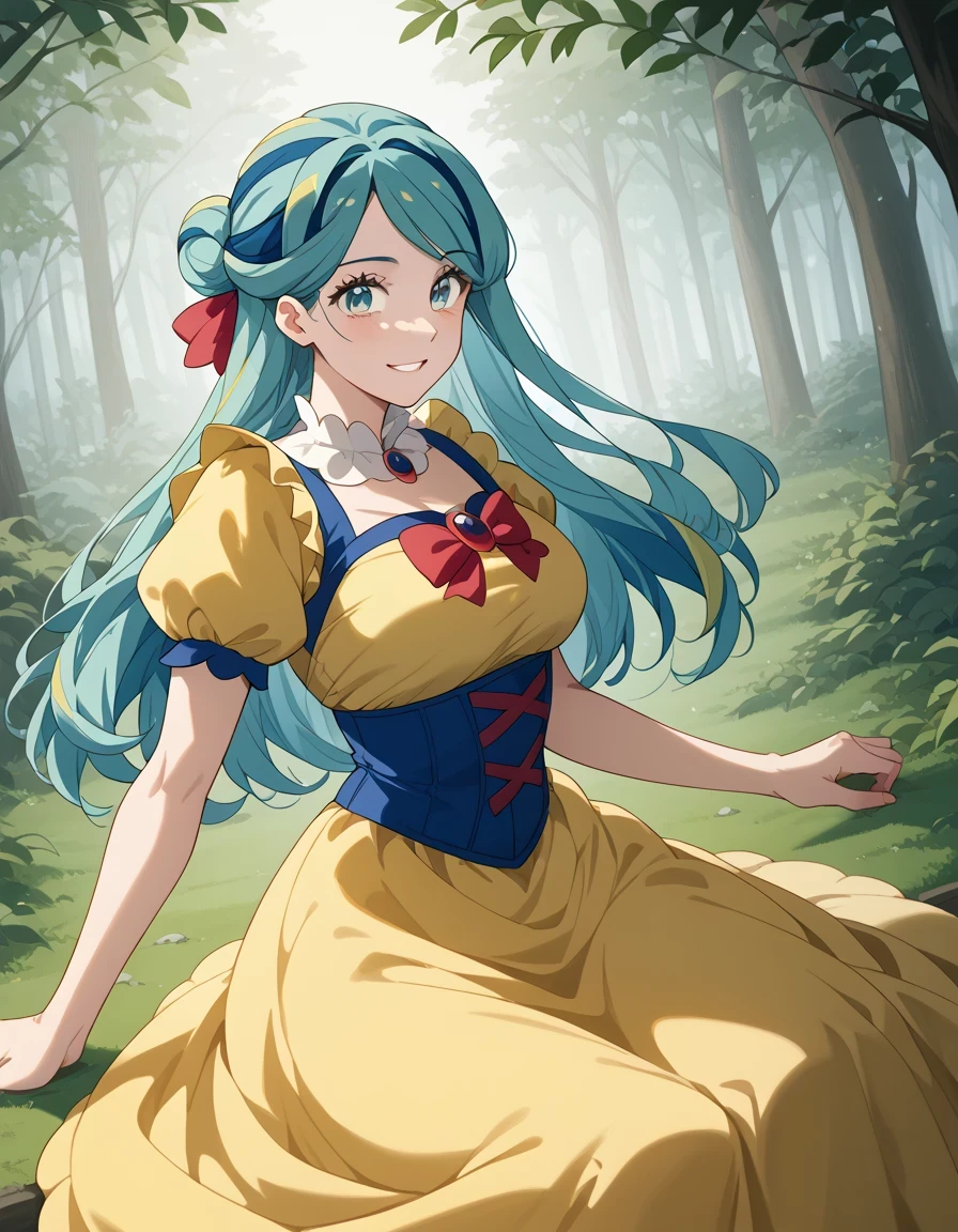 score 9 、score 8 up、score 7 up、 Masterpiece、 top quality、 Hi-Res、anime coloring、、1woman、Pokemon grusha 、Alone、 long hair、aqua eyes、Blue Hair、 green hair、aqua hair、multicolored hair、hair bun、eyelash、half up hair、Big Breasts、 Extremely Large Breasts、、snow white cosplay、snow white (disney) (cosplay)、cosplay、dress、puffy and slash sleeves、puffy short sleeves、puffy sleeves、red bow、short sleeves、yellow skirt、yellow dress、forest、 Sitting、smile、blush、looking at viewer、 cowboy shot、
