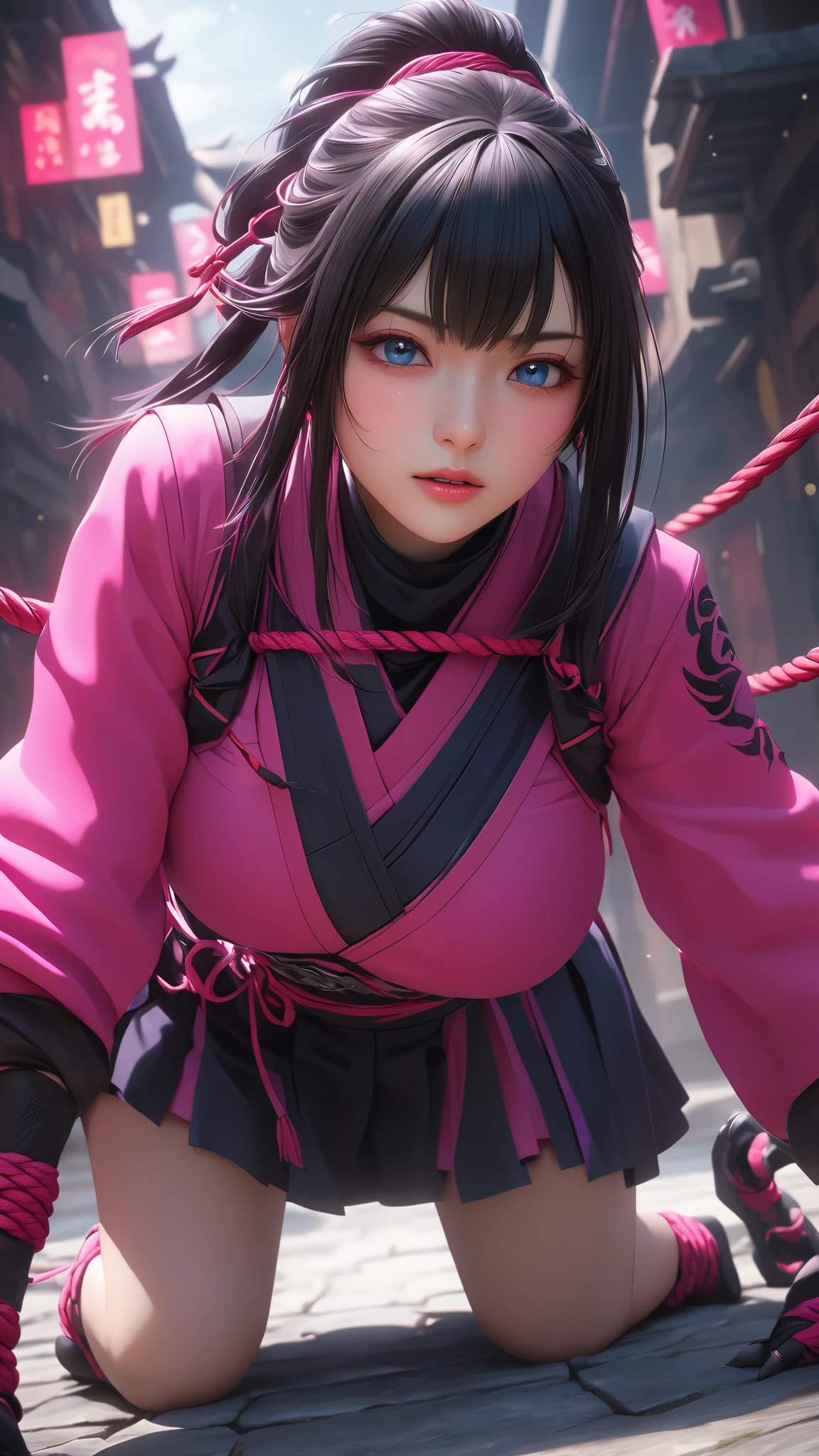 Masterpiece、 high quality、 Hi-Res、 Hi-Res、 portrait、 girl、A ninja in pink clothes with long sleeves、 beauty、Beauty、 skirt by humili、 beautiful face、 Detailsな Details、 Absurd Details, best light, sharp, sharp image, ultimate, Details, extremely Details、 Particle Effect , Beautiful Effects, vibrant colors, neon 、 Bondage 、超A high resolution 、 octane rendering 、 portrait、 realistic textured face and skin、 perfect anatomy、 CGSoation Trends 、 SLR during homework、Original photo、 photorealistic:1.4、Super big butt:1.2、 super huge breasts :1.8、skeletal shibari :1.2、Extra Thick Rope 、 close-up、 attached、torture:1.2、Punishment、 crying face、tears、Realistic 3D CGI 、 Realistic Digital Art、 realistic face:1.5、Fractal Background、Blue Gus 、 beautiful face、 amazing quality of a bedroom on all fours 、