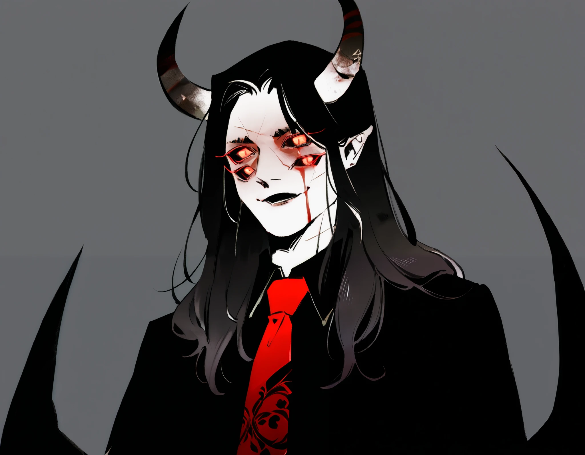 30-year-old male, devil, Clear skin, dark shadows that highlight his face , pretty face, little bad smile . 10 eyes on the face , of black sclera and red pupils . black and wavy hair, Waist-length hair, large black horns with a crimson tip , pointy ears. Tall man , seen from the waist up , he wears a black suit, with a black dress shirt underneath and with a red tie. Black tail with crimson tip , menacing and beautiful shape , Blood in the black jacket