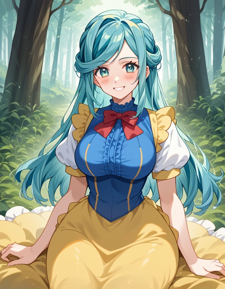 score 9 、score 8 up、score 7 up、 Masterpiece、 top quality、 Hi-Res、anime coloring、、1woman、Pokemon grusha 、Alone、 long hair、aqua eyes、Blue Hair、 green hair、aqua hair、multicolored hair、hair bun、eyelash、half up hair、Big Breasts、 Extremely Large Breasts、、snow white cosplay、snow white (disney) (cosplay)、cosplay、dress、puffy and slash sleeves、puffy short sleeves、puffy sleeves、red bow、short sleeves、yellow skirt、blue dress、forest、 Sitting、smile、blush、looking at viewer、 cowboy shot、
