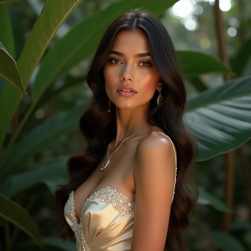 Uma mulher de 1,64 de altura, esbelta, pernas grossas, cintura fina, cor parda, endomorfo, olhos puxados, thick lips, sorriso aberto, queixo fino, formato do rosto quadrado e fino, testa pequena, olhos grandes, nariz fino, cabelos negros longos e ondulados nas pontas, cor das unhas vermelhas, vestido preto apertado com bolsa
