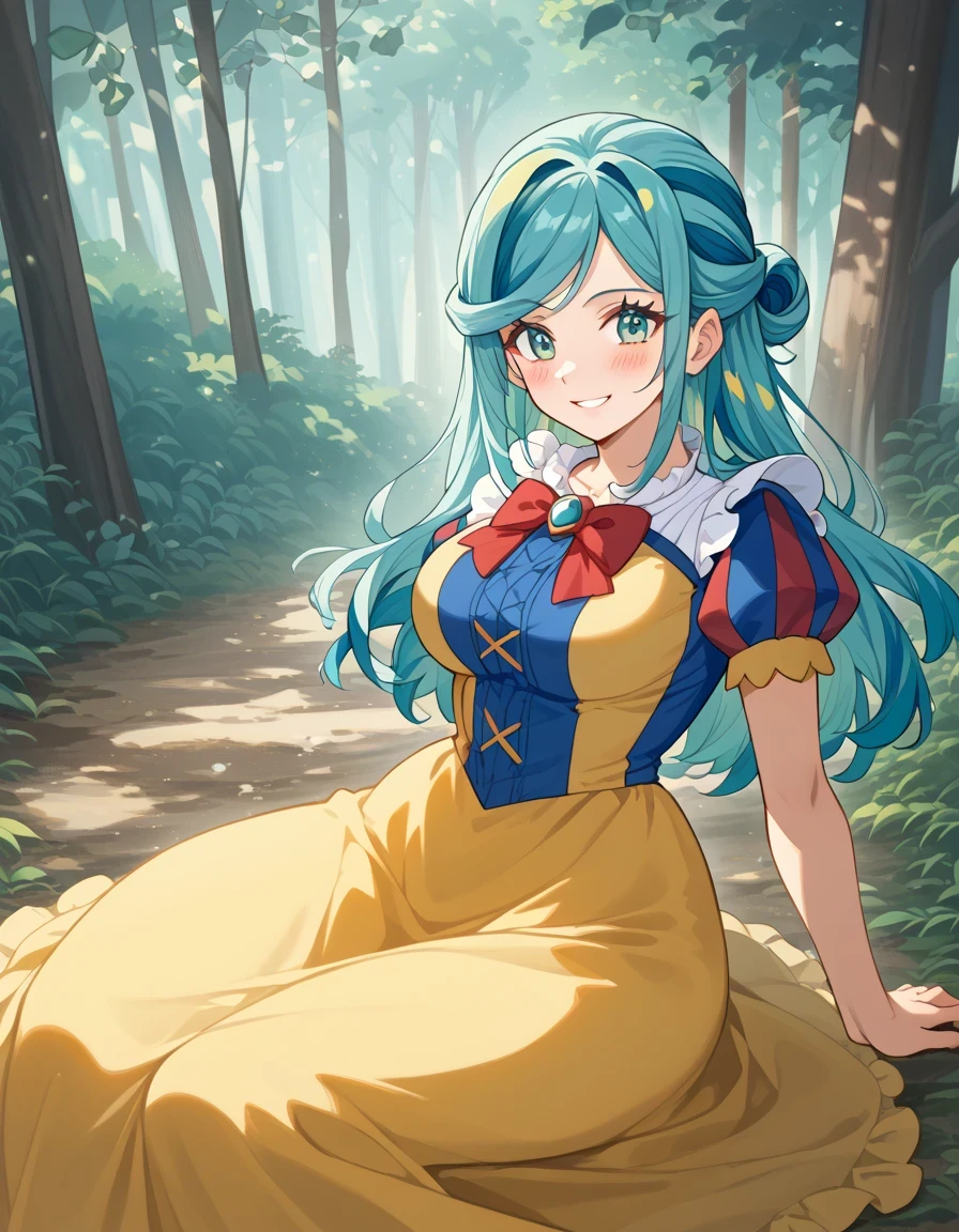 score 9 、score 8 up、score 7 up、 Masterpiece、 top quality、 Hi-Res、anime coloring、、1woman、Pokemon grusha 、Alone、 long hair、aqua eyes、Blue Hair、 green hair、aqua hair、multicolored hair、hair bun、eyelash、half up hair、Big Breasts、 Extremely Large Breasts、、snow white cosplay、snow white (disney) (cosplay)、cosplay、dress、puffy and slash sleeves、puffy short sleeves、puffy sleeves、red bow、short sleeves、yellow skirt、blue and yellow dress、forest、 Sitting、smile、blush、looking at viewer、 cowboy shot、