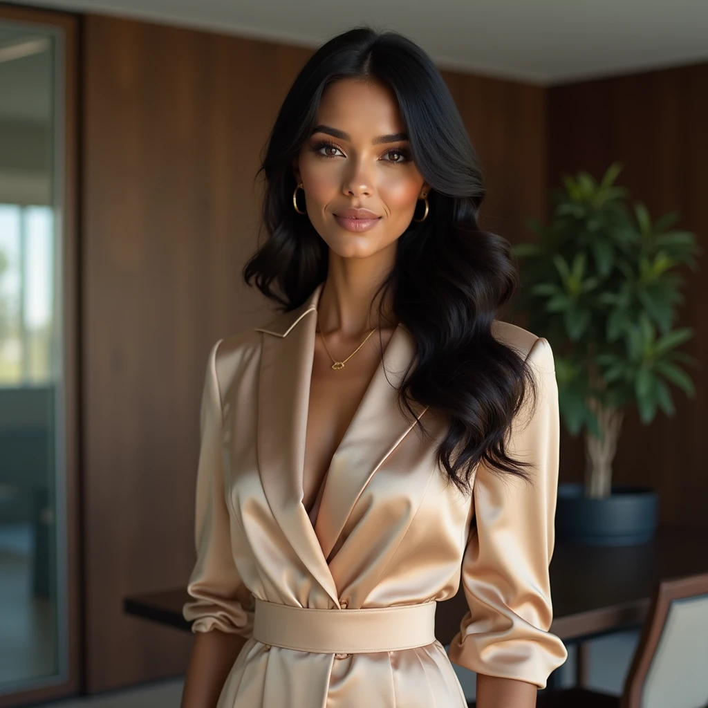 latina woman,30 years old,posing in living room, professional outfit, high-heels ,rich colors,deep shadows,bright highlights,highres,best quality,8k,ultra-detailed,realistic,photorealistic,photo-realistic:1.37,masterpiece:1.2,extremely detailed eyes and face,longeyelashes,volumetric lighting,cinematic atmosphere,chiaroscuro,dramatic lighting