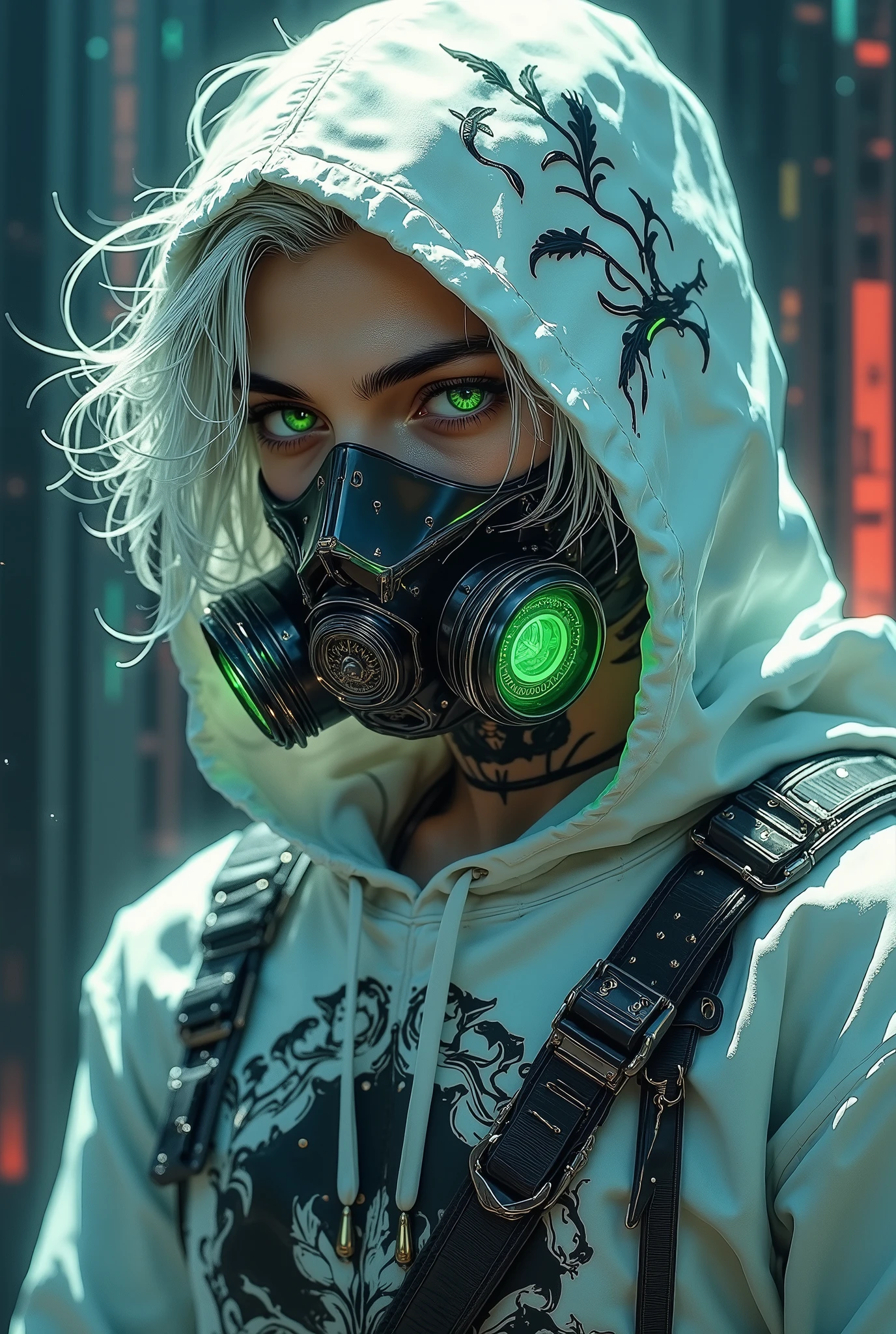 dark fantasy illustration, high detail fantasy anime, a highly stylized and vivid digital artwork featuring a futuristic and cyberpunk aesthetic. The character is adorned in a white hoodie with intricate black patterns and a skull motif, complemented by a futuristic gas mask with glowing green accents. The hoodie is paired with a tactical vest that includes straps and buckles, adding to the overall edgy and high-tech appearance. The character's hair is white and wavy, cascading over the shoulders, and their eyes are striking with a bright green hue, enhancing the cyberpunk vibe.