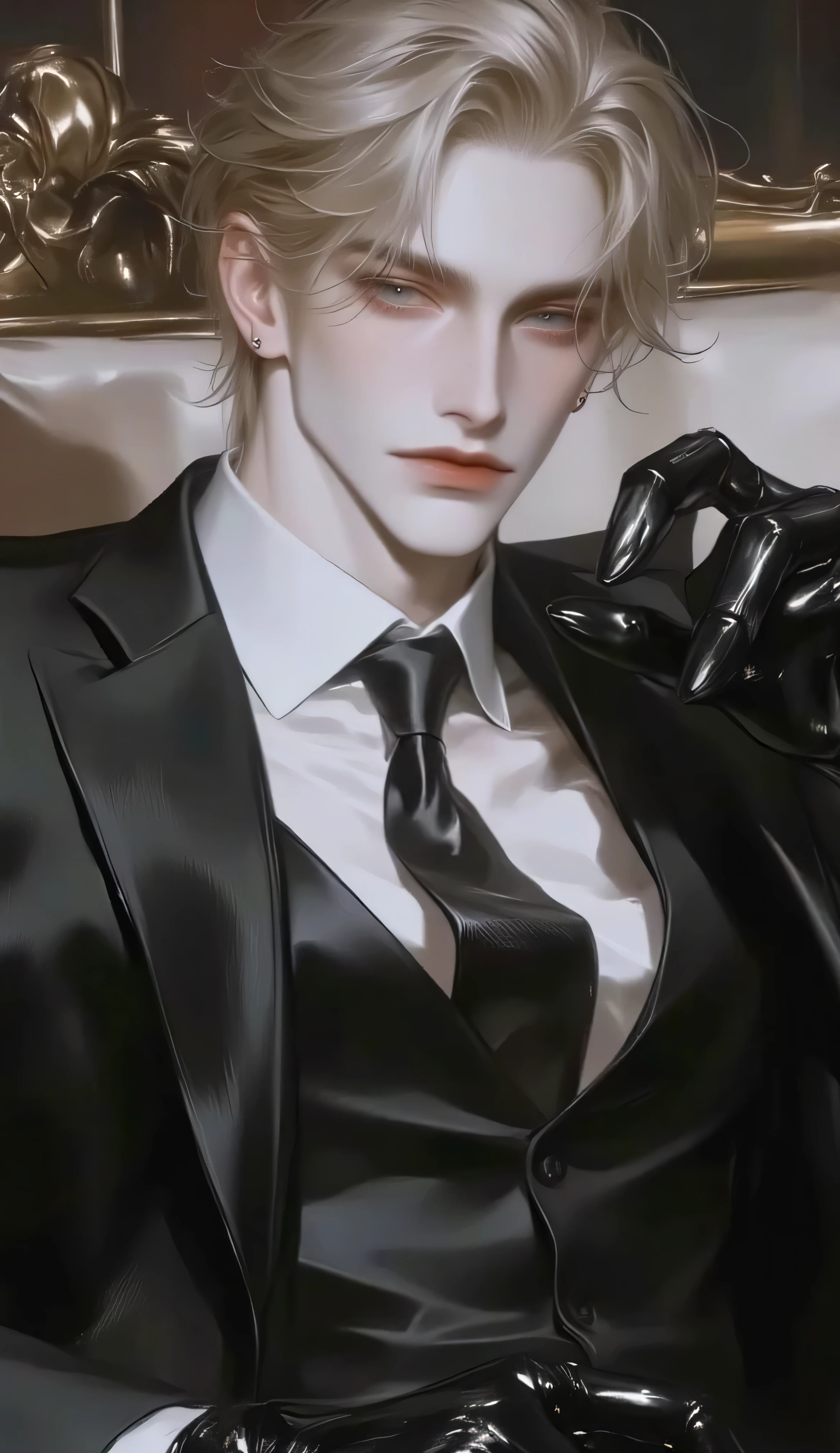 , young man, Age 26 years, casting, body, Crisp Blue Eyes , side to side , Yellow-white skin , Golden Vintage Short Hair , Wear a suit , black trousers, sitting on the couch