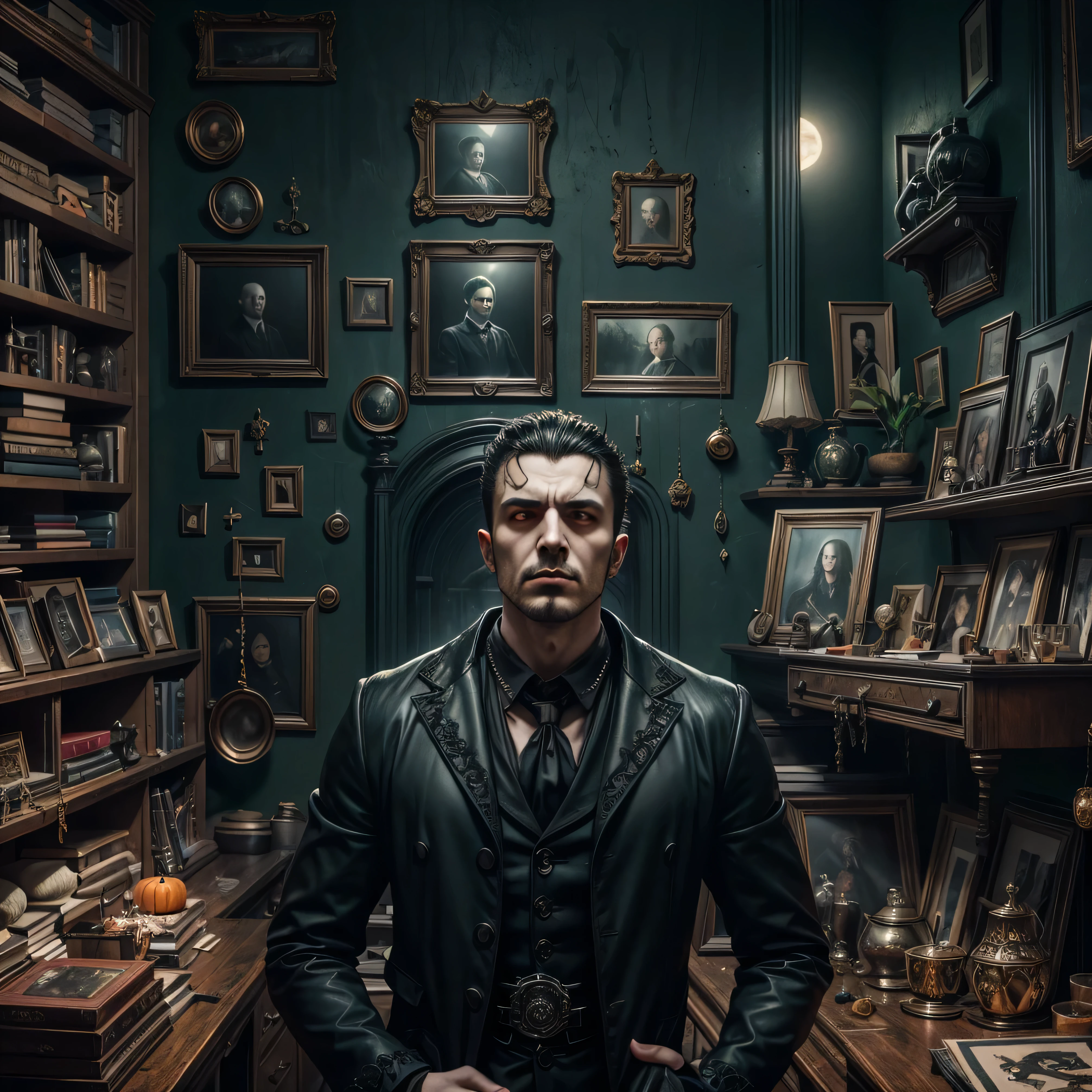 there is a man standing in a room with a lot of stuff, highly detailed vfx portrait, still from a music video, highly detailed vfx portrait of, he got a big french musctache, inspired by Pál Balkay, inspired by Alén Diviš, aykut aydogdu, inspired by László Beszédes(masterpiece),(vampire),(unrivalled quality:1.4), ultra-high resolution,hyperrealistic, dark fantasy portrait, (sharp focus:1.1), photo of a vampire,gothic horror vibes, Guweiz-style art, dark fantasy mixed with realism, gothic aesthetic, gothic art style,HalloweenGlowStyle,red eyes,black lips,bats, gothic architectural style, full moon, moonlight,clean face